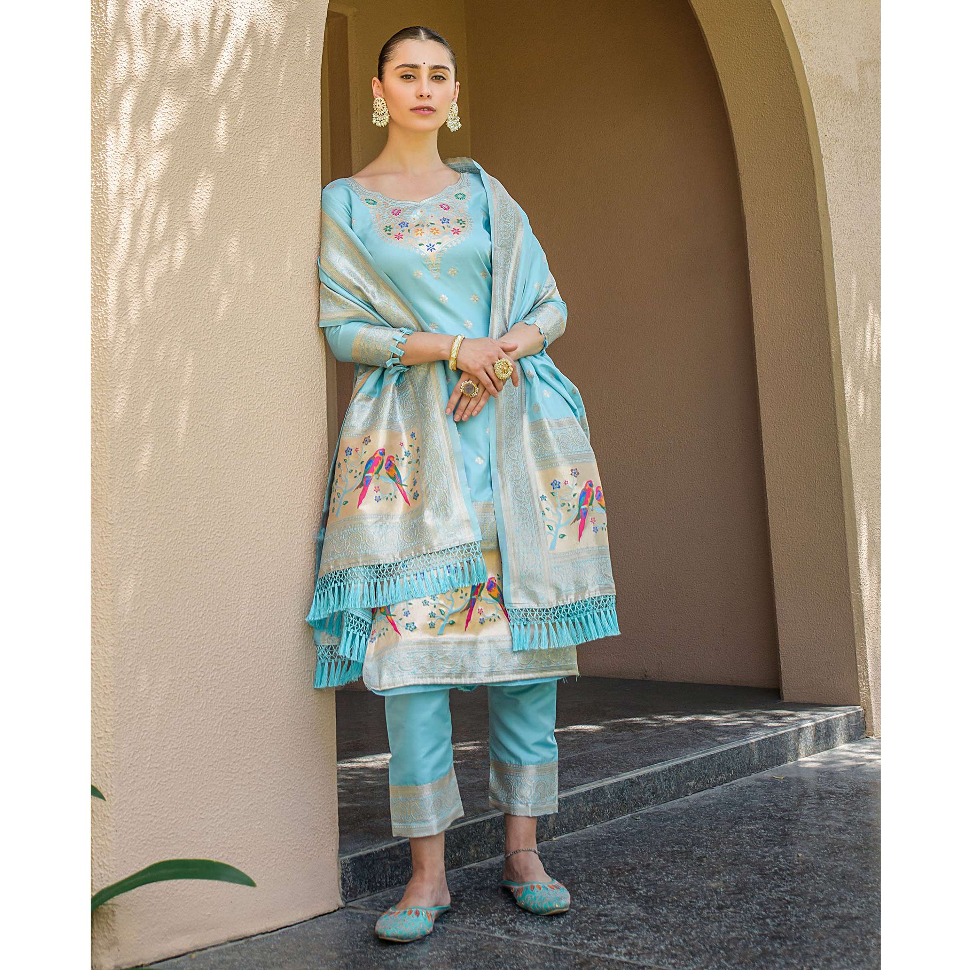 Sky Blue Floral Woven Banarasi Silk Paithani Dress Material
