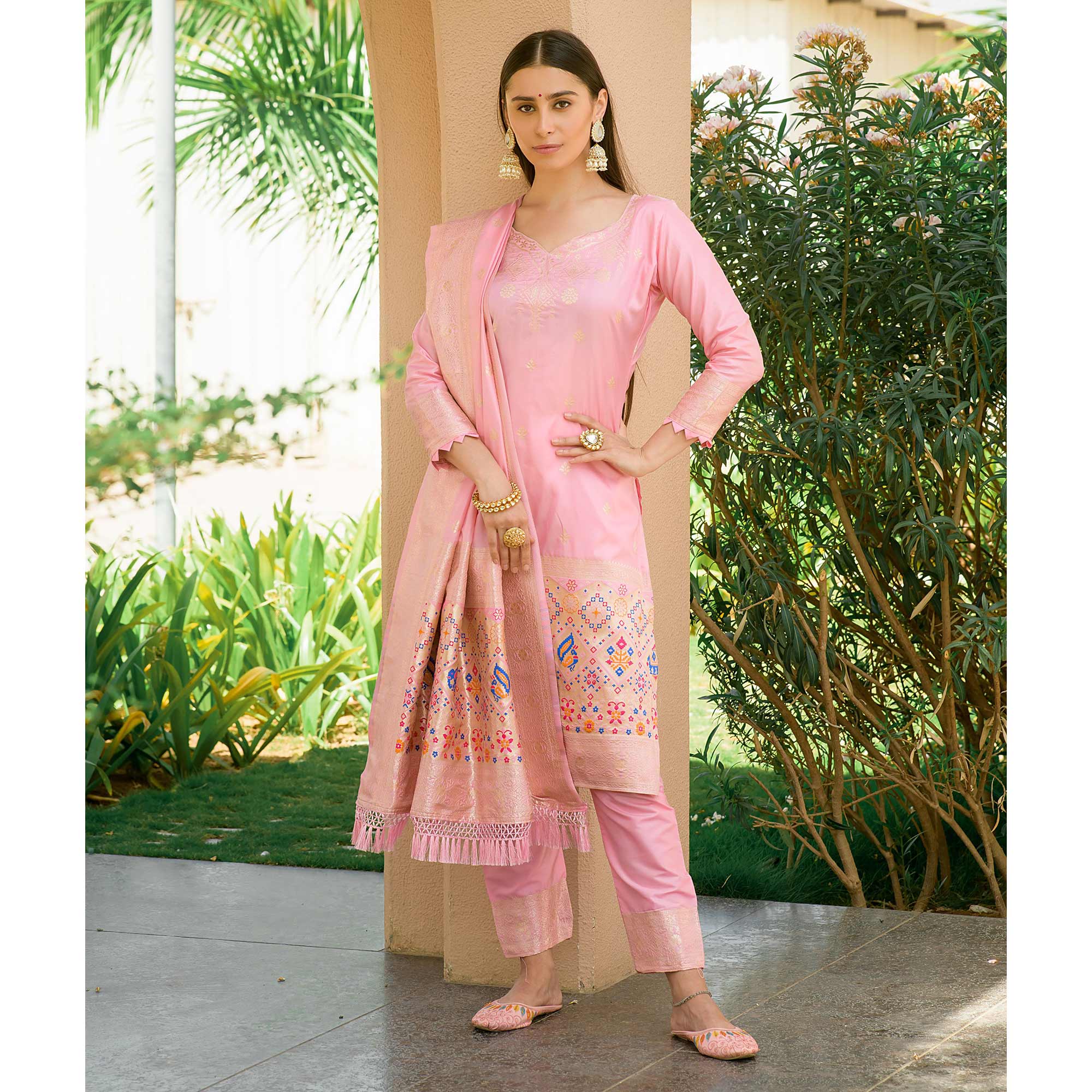Baby Pink Floral Woven Banarasi Silk Paithani Dress Material