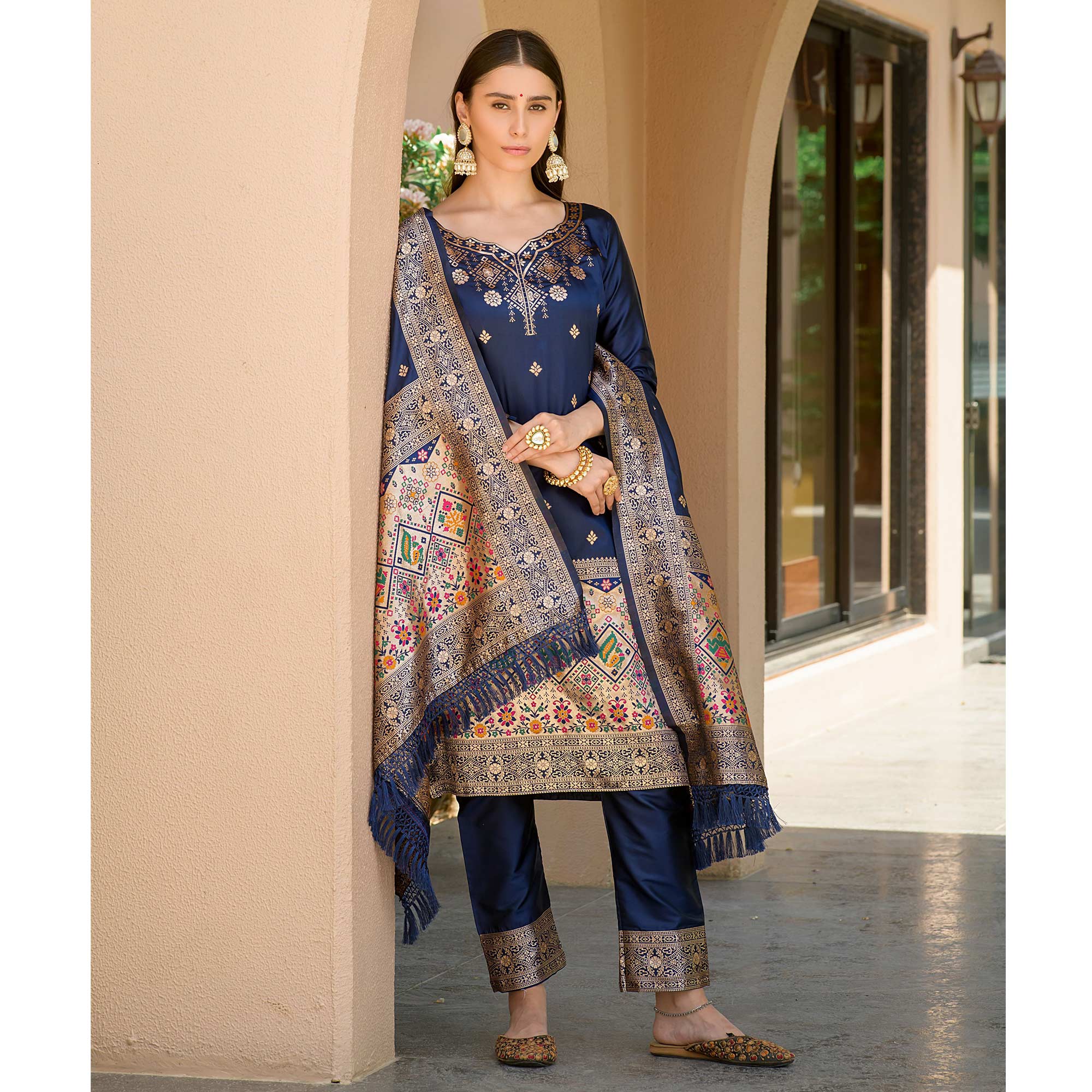 Navy Blue Floral Woven Banarasi Silk Paithani Dress Material