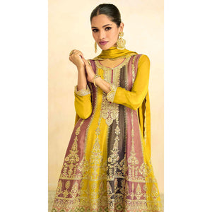Yellow Sequins Embroidered Chinon Semi Stitched Sharara Suit