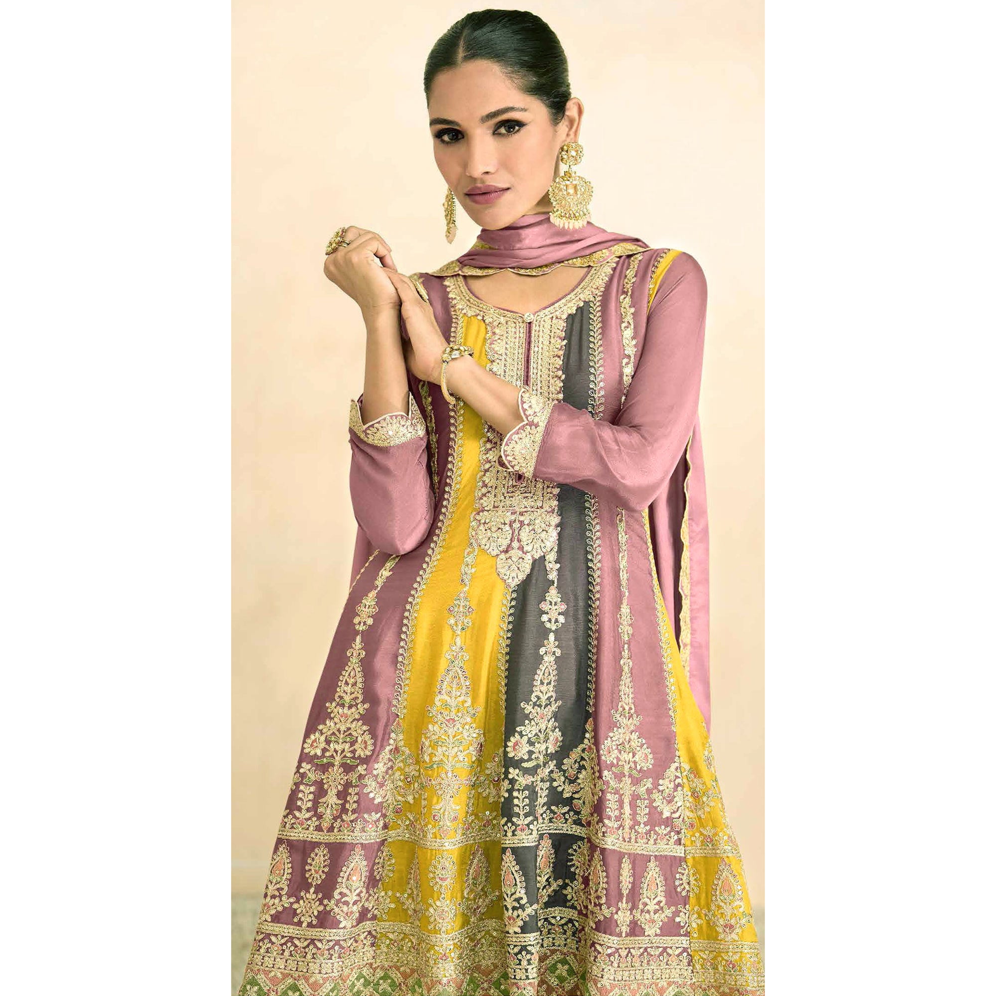 Pink Sequins Embroidered Chinon Semi Stitched Sharara Suit