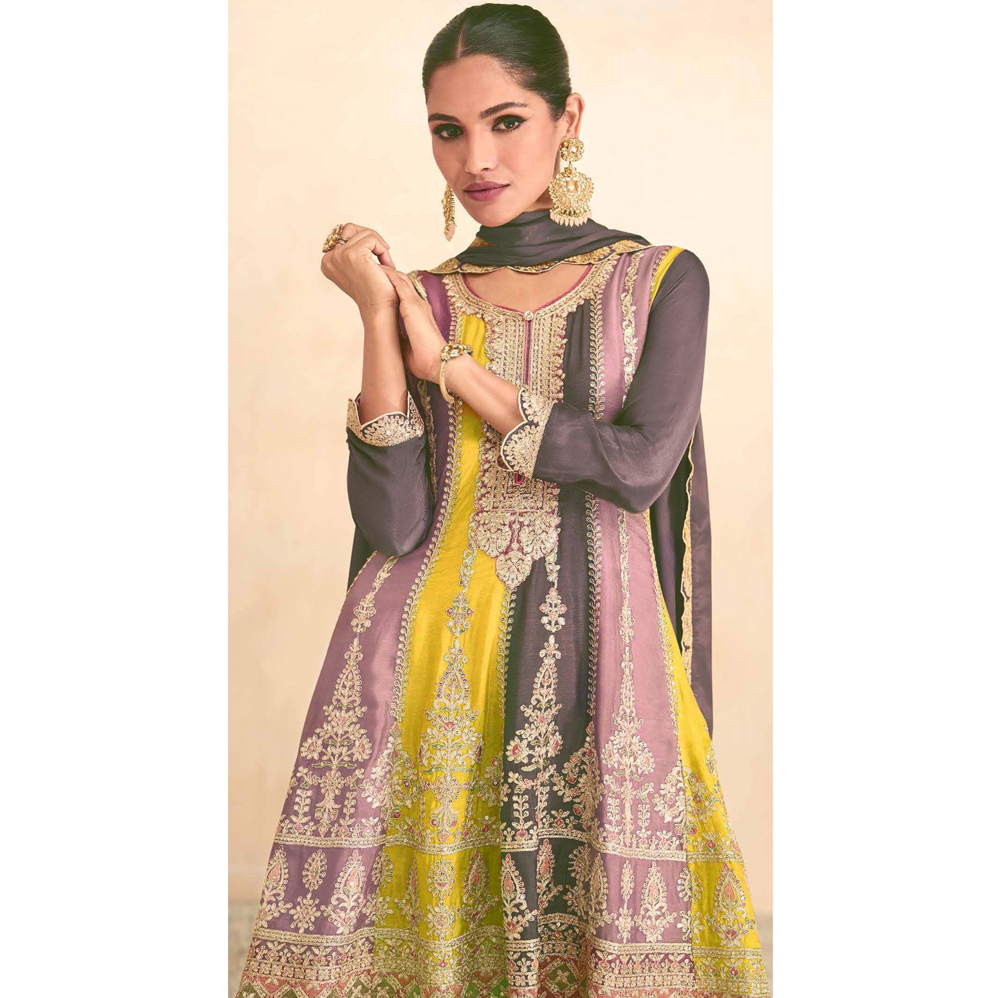 Brown Sequins Embroidered Chinon Semi Stitched Sharara Suit