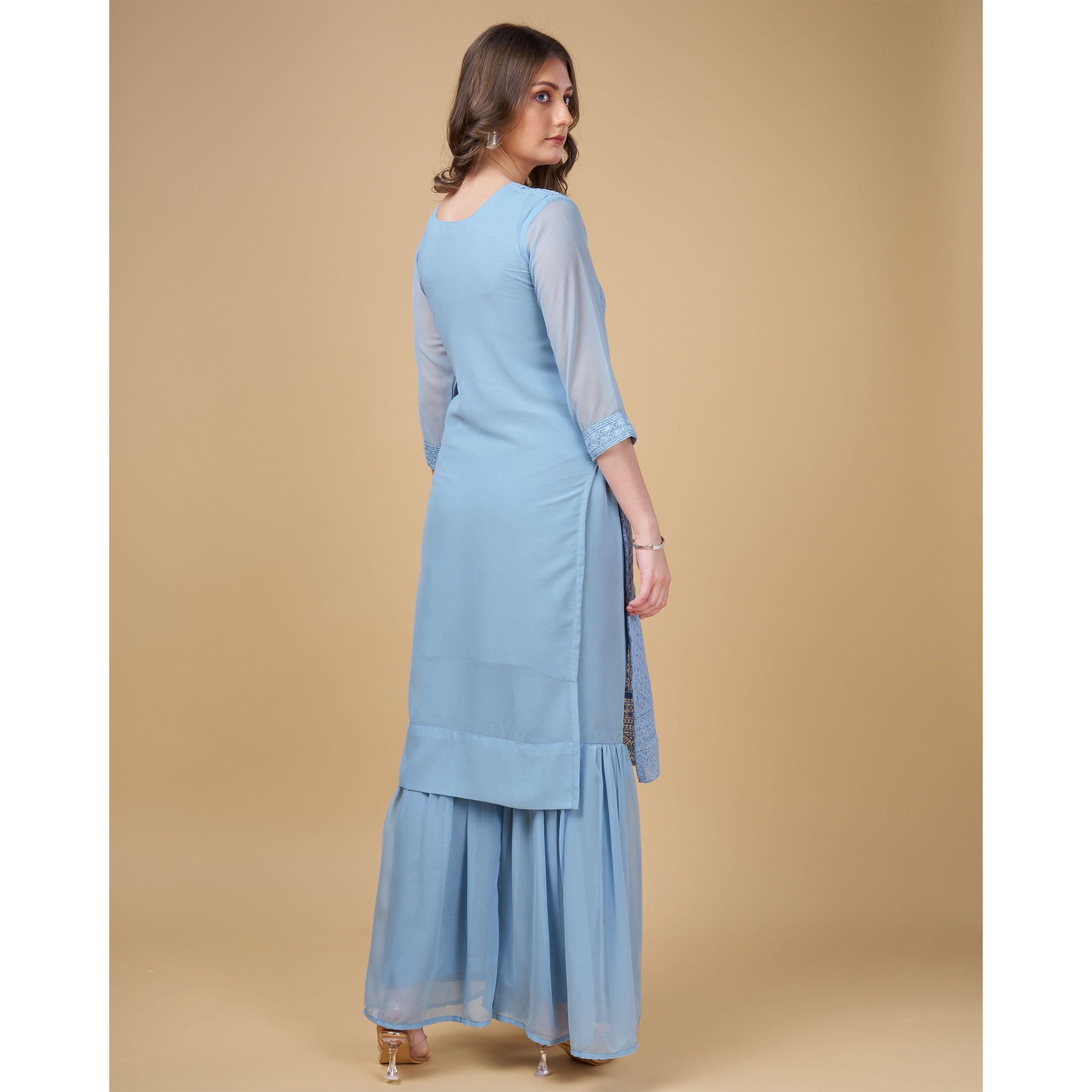 Sky Blue Embroidered Georgette Kurti Sharara Suit