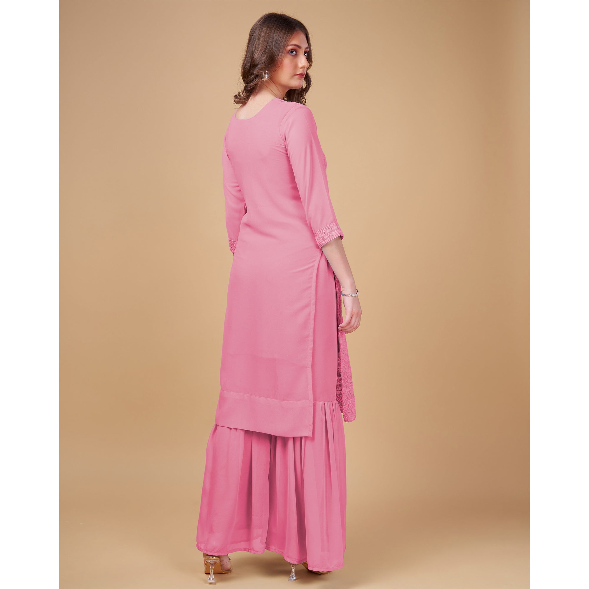 Pink Embroidered Georgette Kurti Sharara Suit