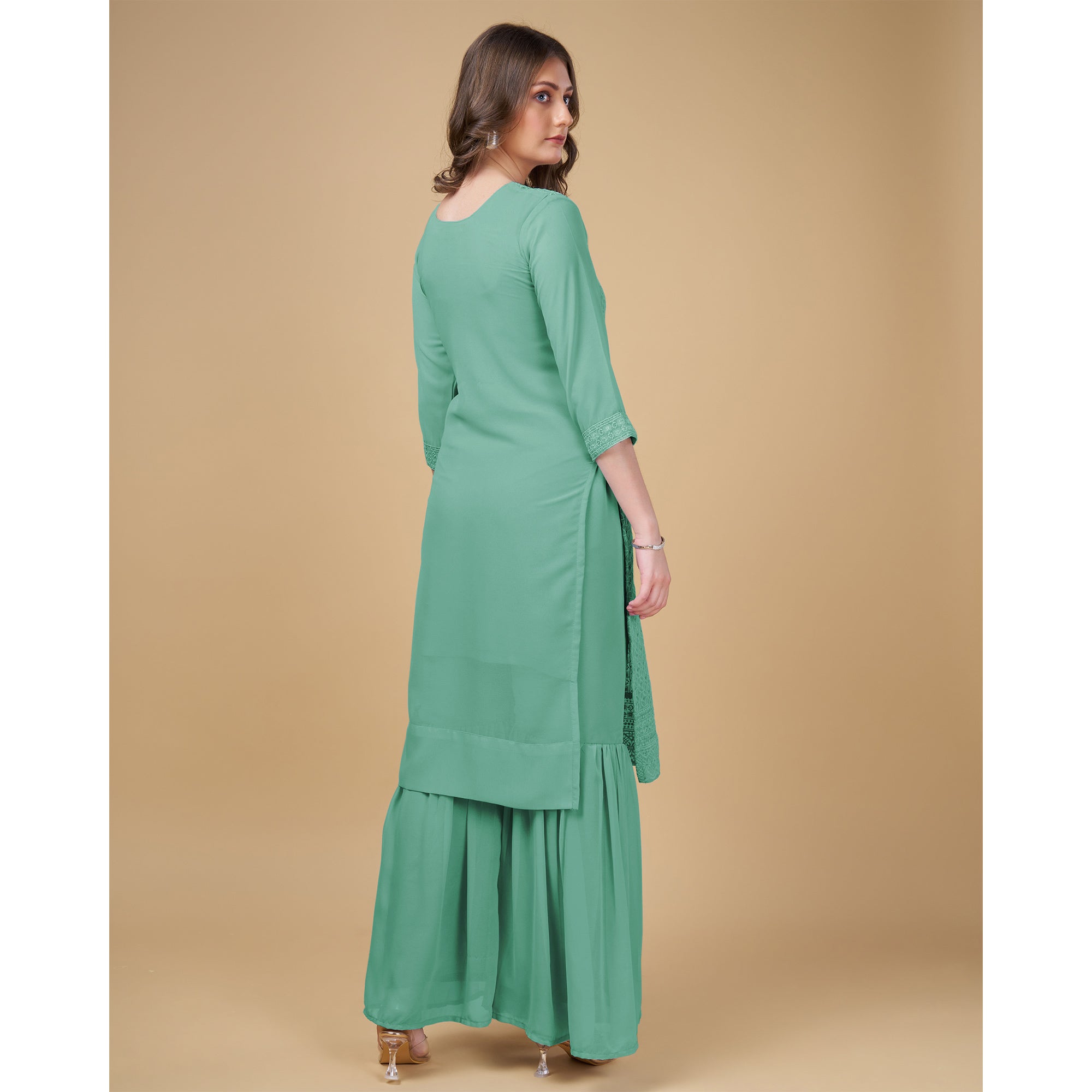 Green Embroidered Georgette Kurti Sharara Suit