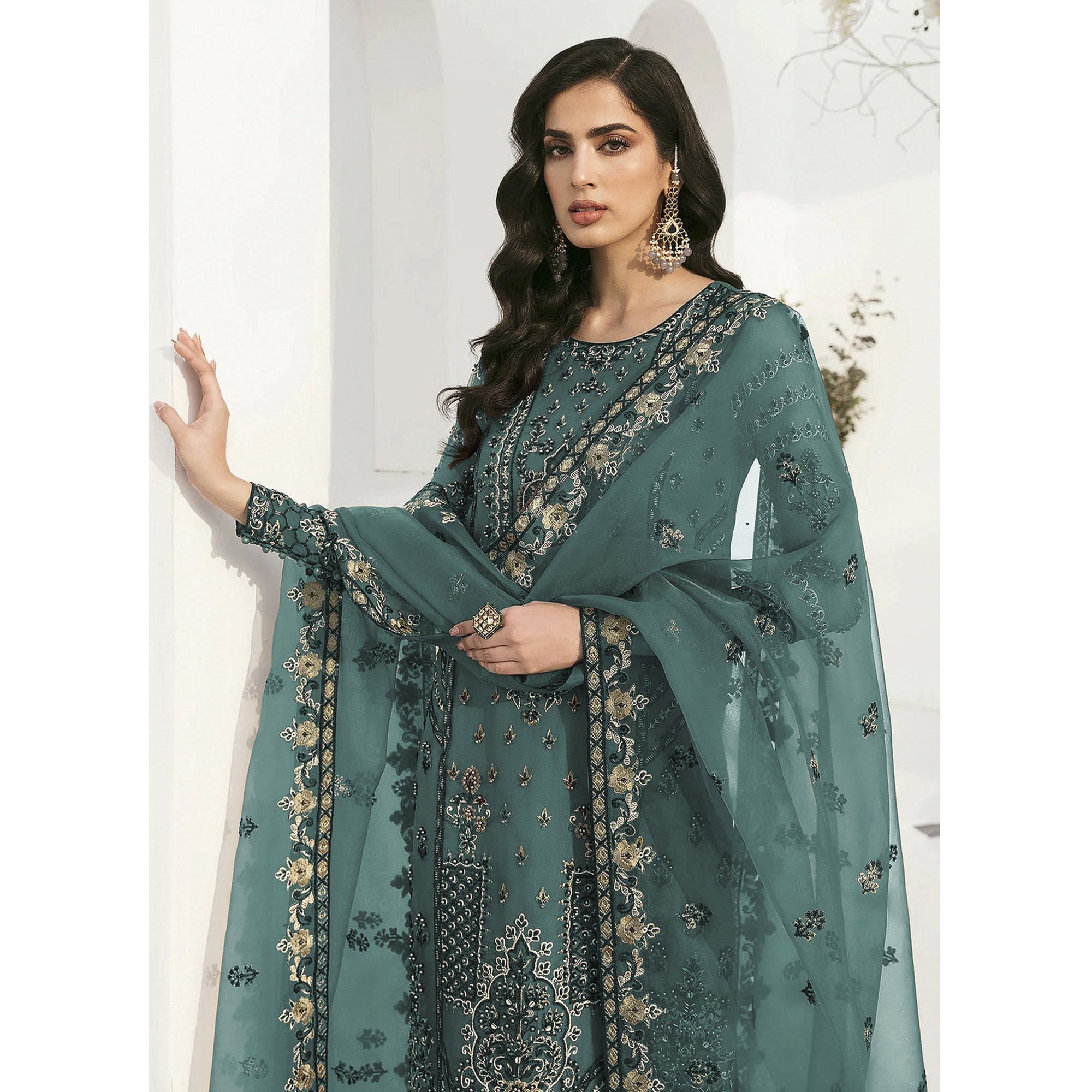 Green Floral Embroidered Georgette Semi Stitched Pakistani Suit