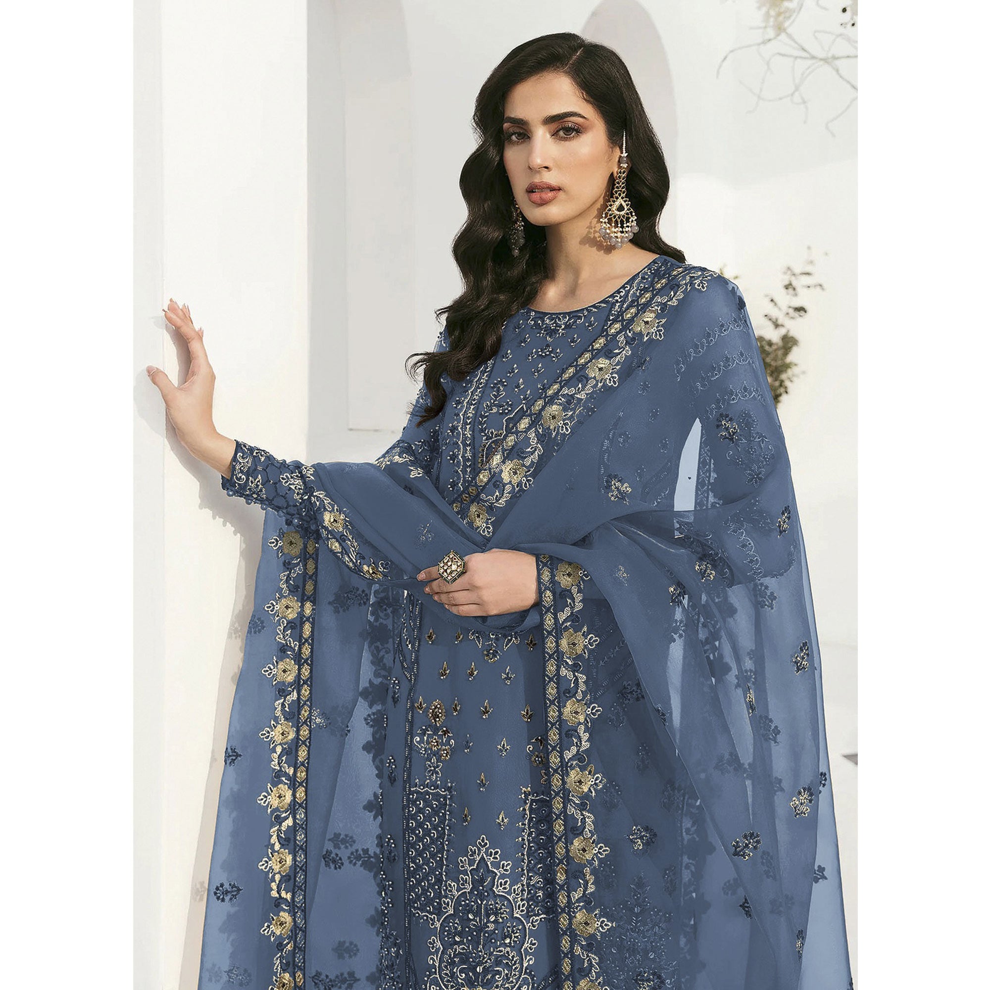 Blue Floral Embroidered Georgette Semi Stitched Pakistani Suit