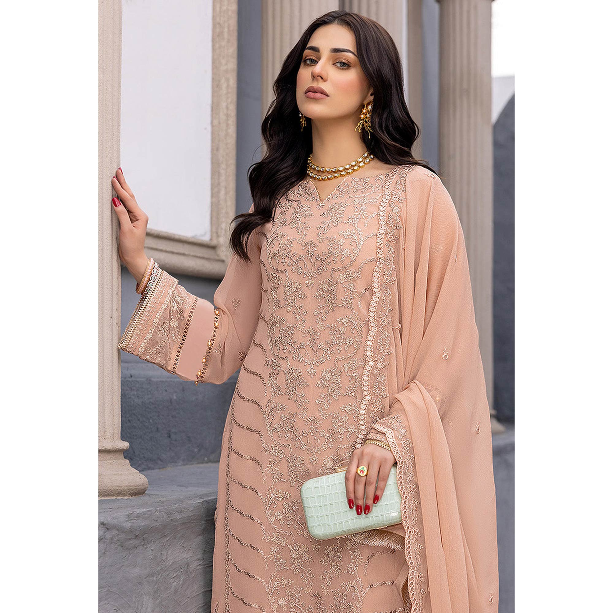 Peach Floral Embroidered Georgette Semi Stitched Suit