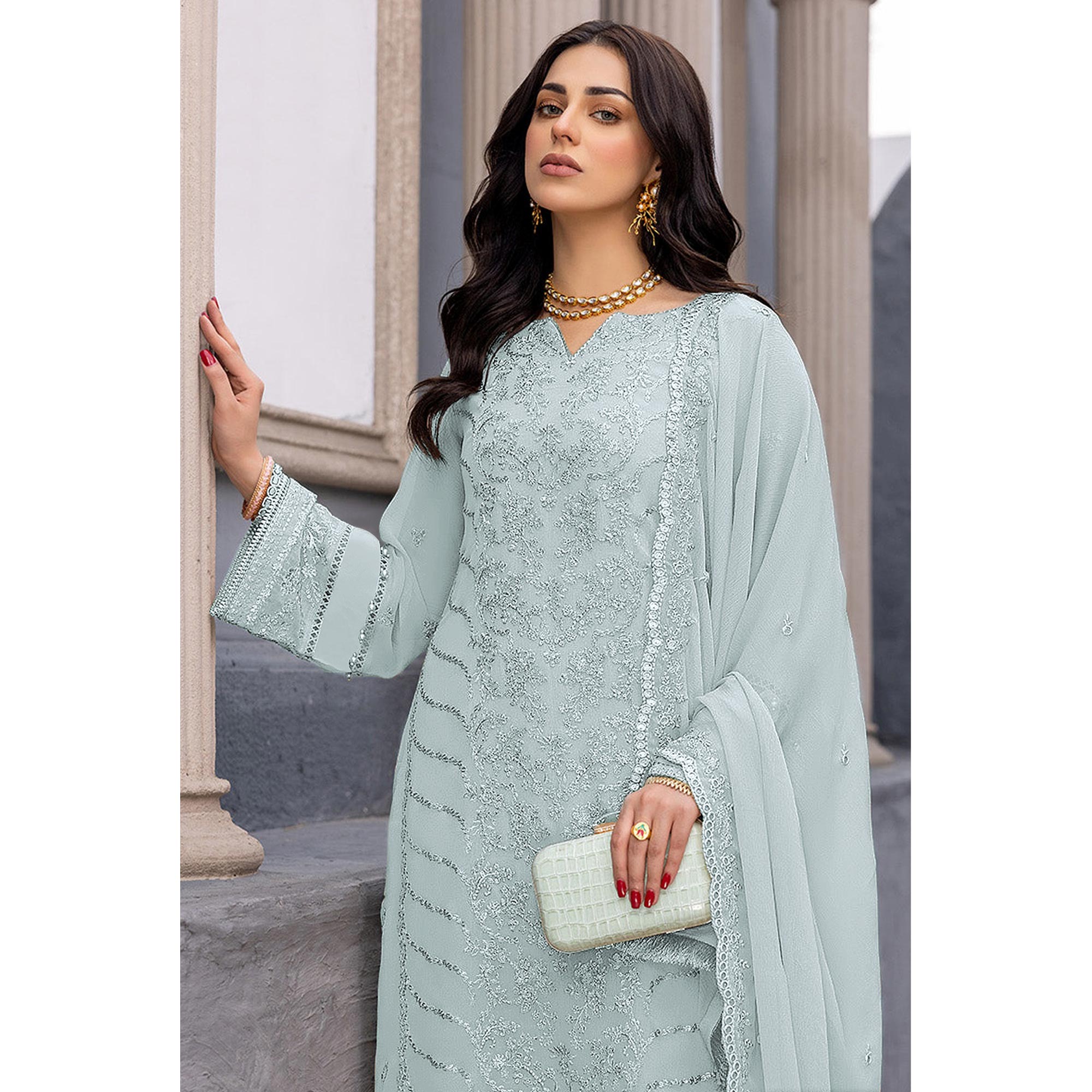 Teal Grey Floral Embroidered Georgette Semi Stitched Suit