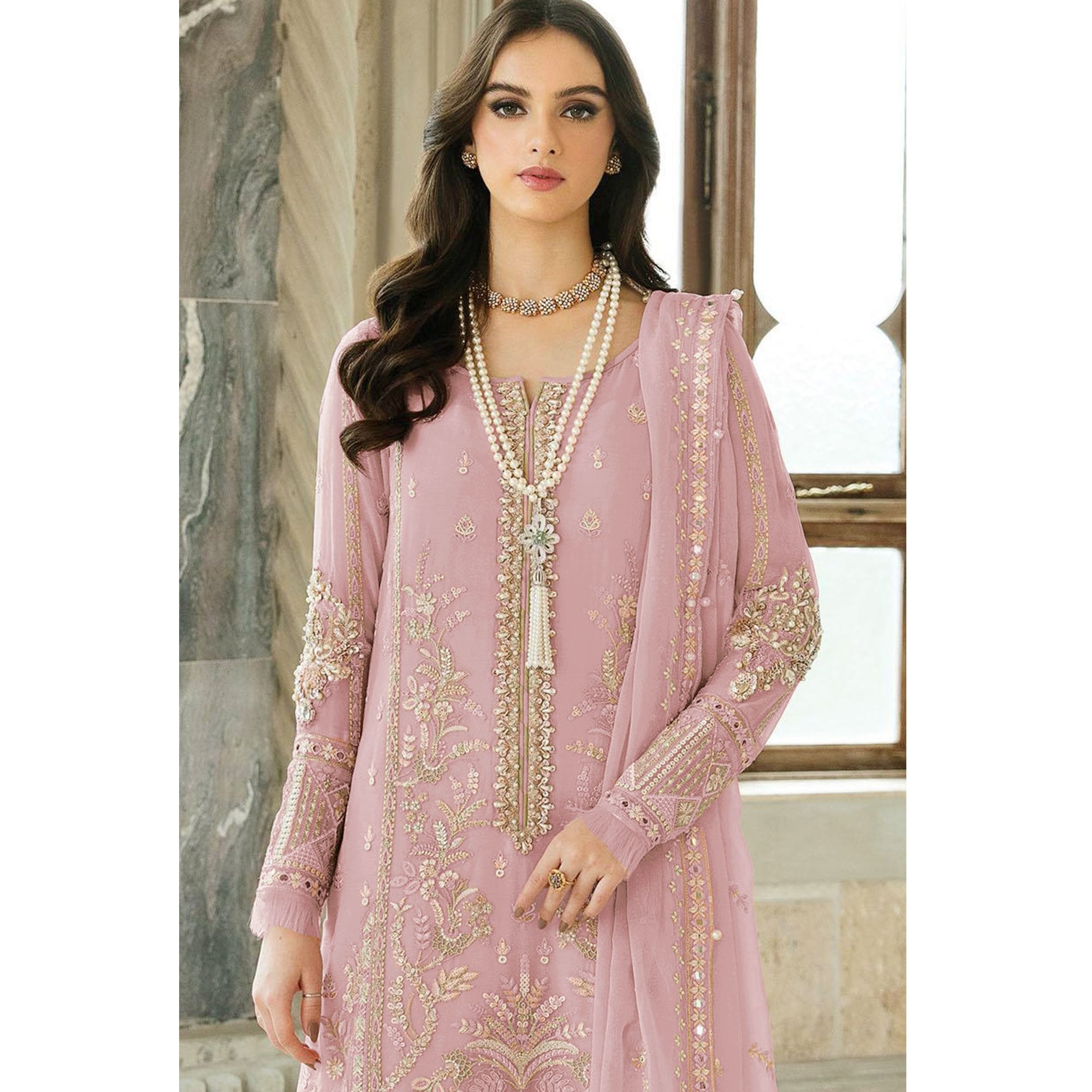 Peach Floral Sequins Embroidered Georgette Semi Stitched Suit