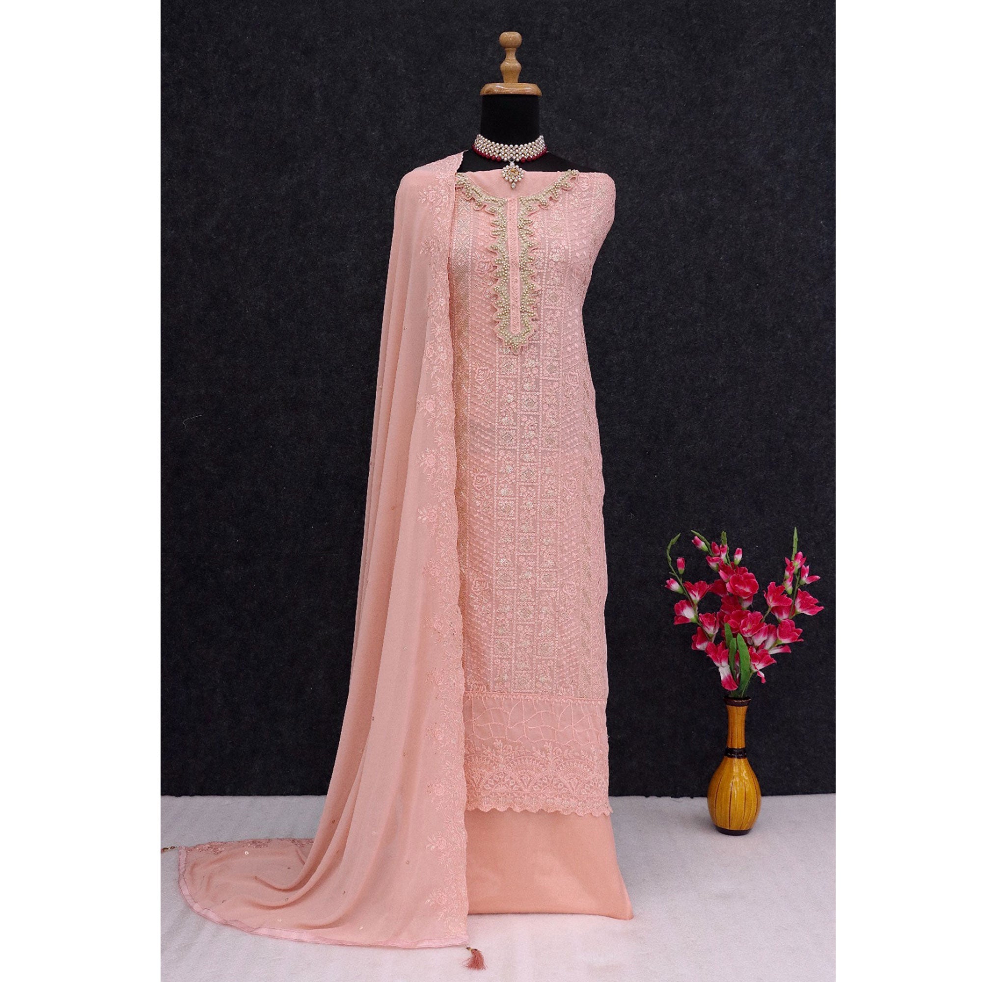 Peach Embroidered Georgette Semi-Stitched Pakistani Suit