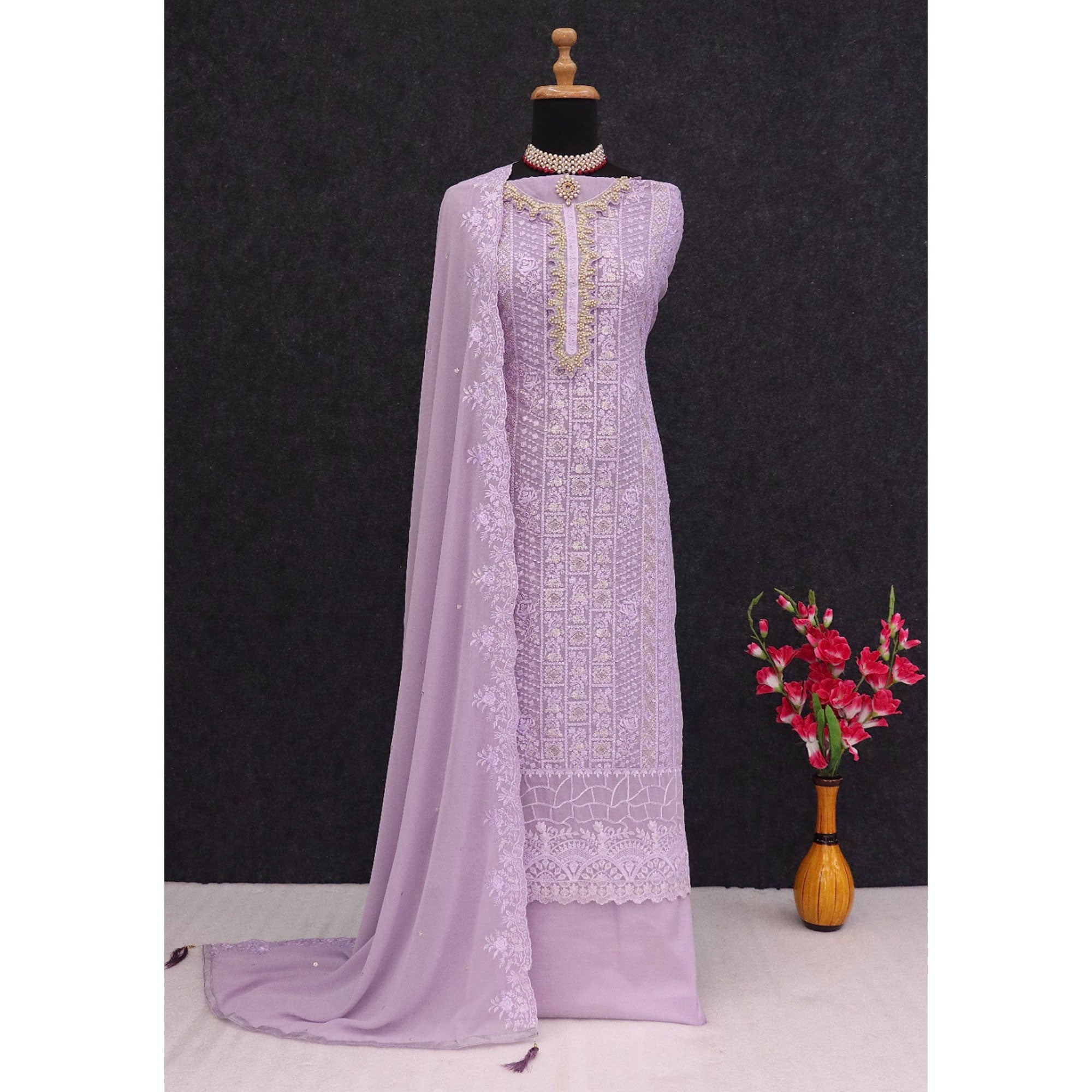 Purple Embroidered Georgette Semi-Stitched Pakistani Suit