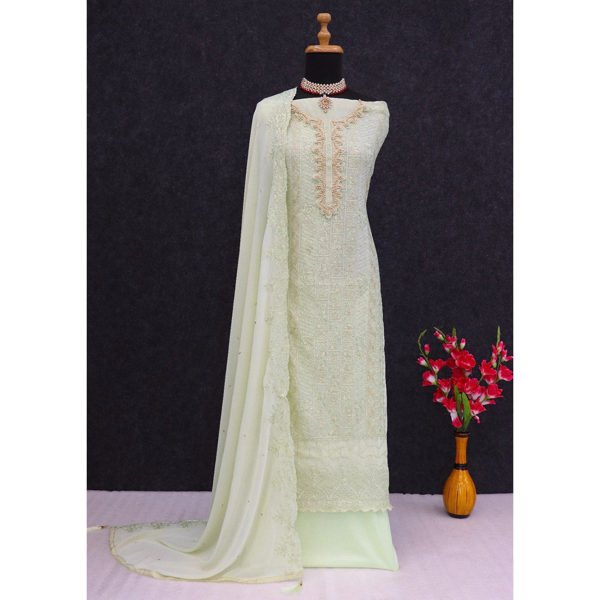 Green Embroidered Georgette Semi-Stitched Pakistani Suit