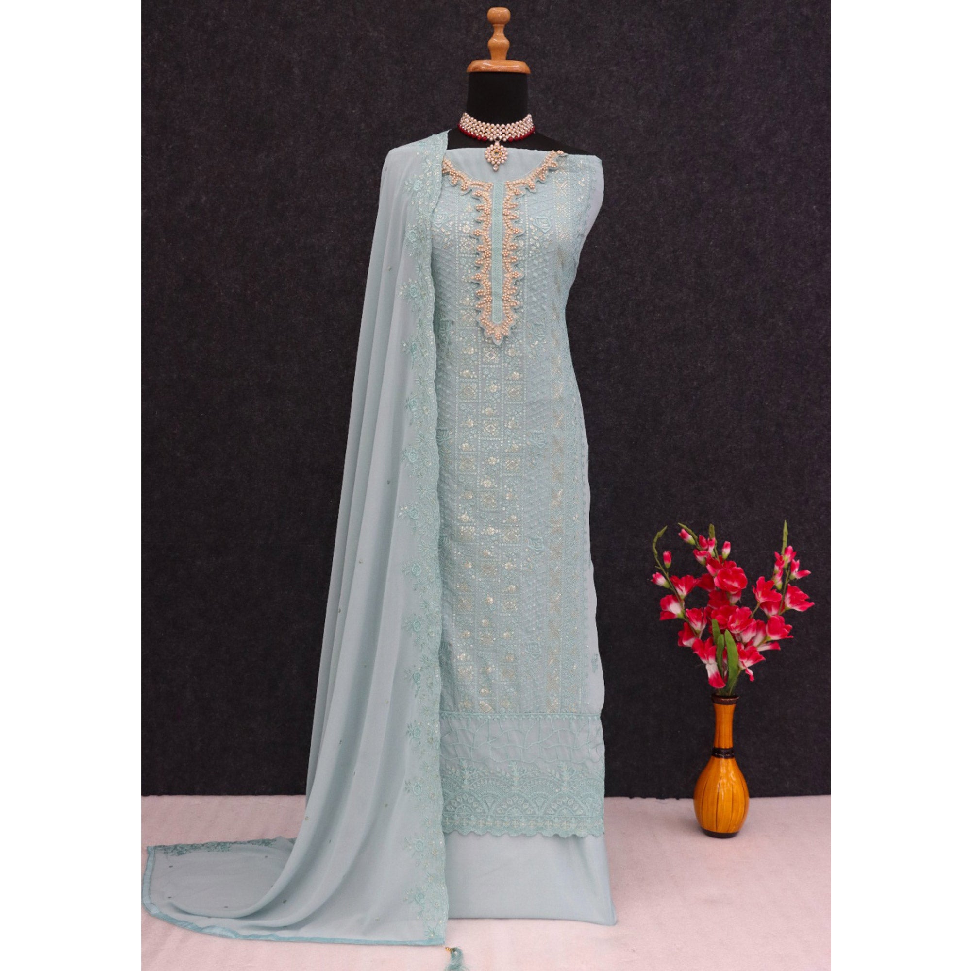 Sea Blue Embroidered Georgette Semi-Stitched Pakistani Suit