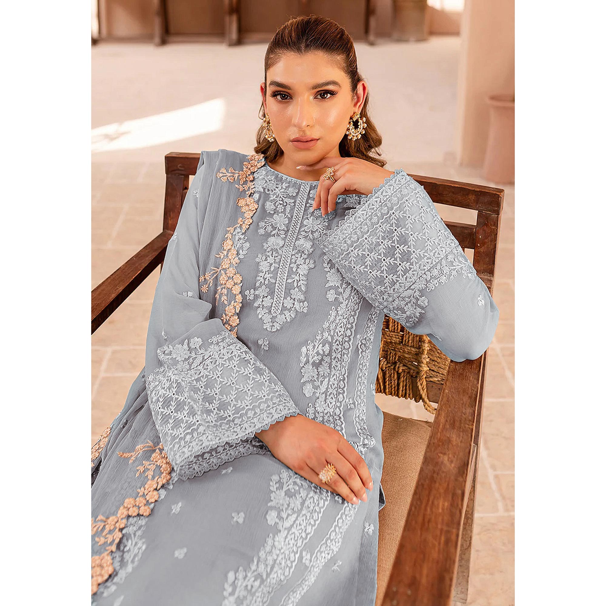 Sky Blue Floral Sequins Embroidered Georgette Semi Stitched Pakistani Suit