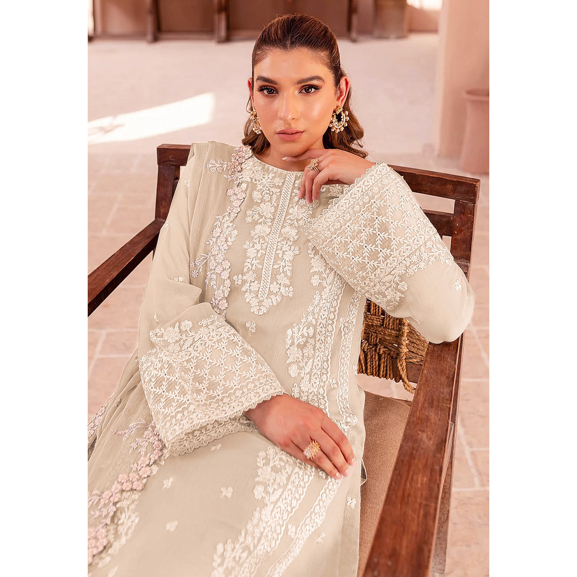 Cream Floral Sequins Embroidered Georgette Semi Stitched Pakistani Suit