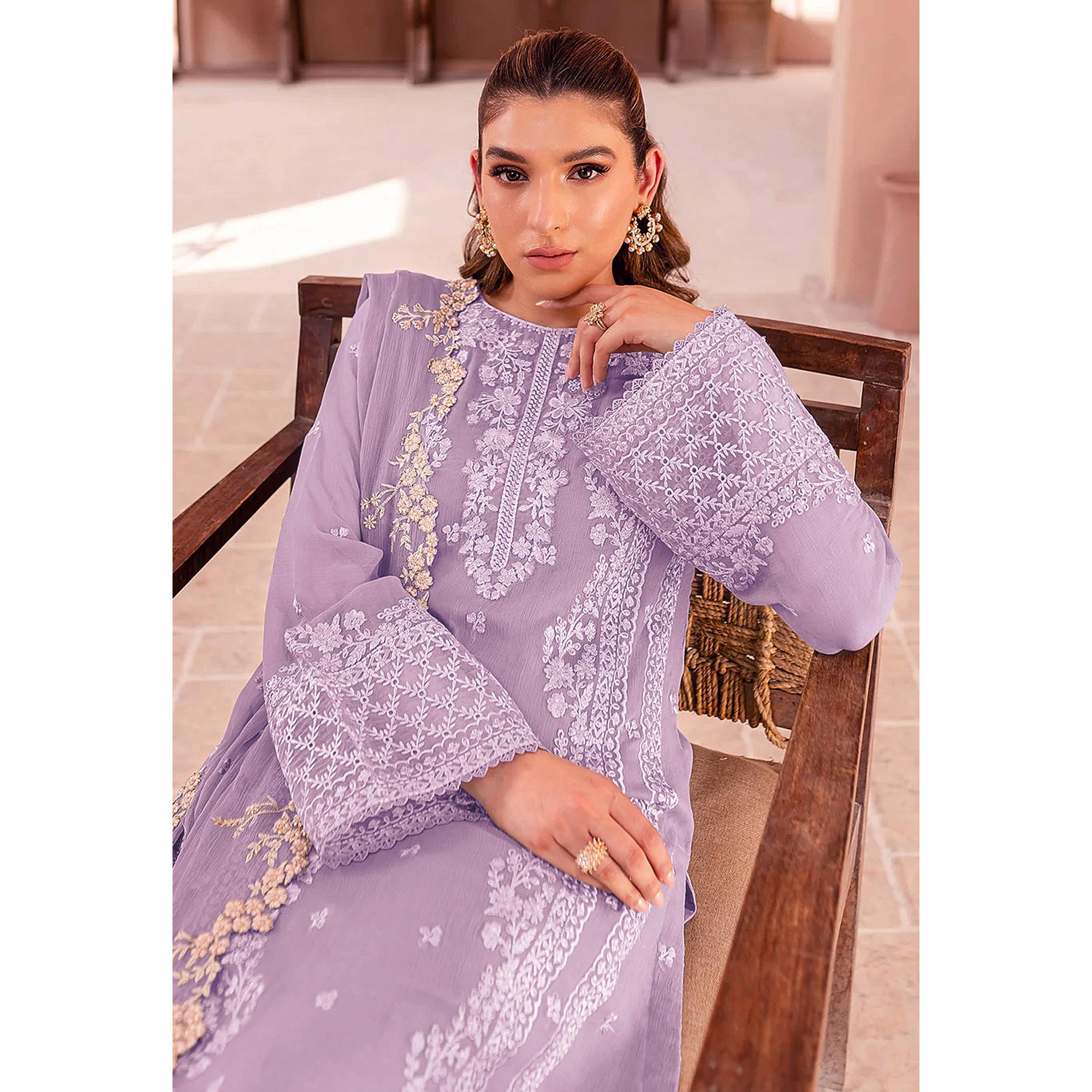 Lavender Floral Sequins Embroidered Georgette Semi Stitched Pakistani Suit