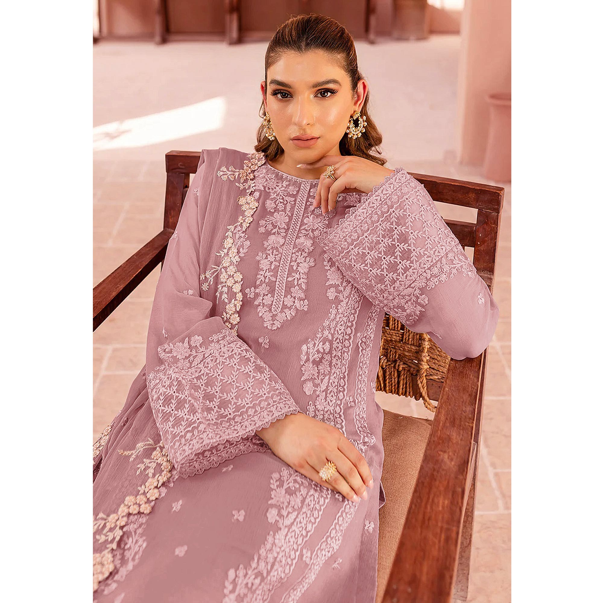 Mauve Floral Sequins Embroidered Georgette Semi Stitched Pakistani Suit