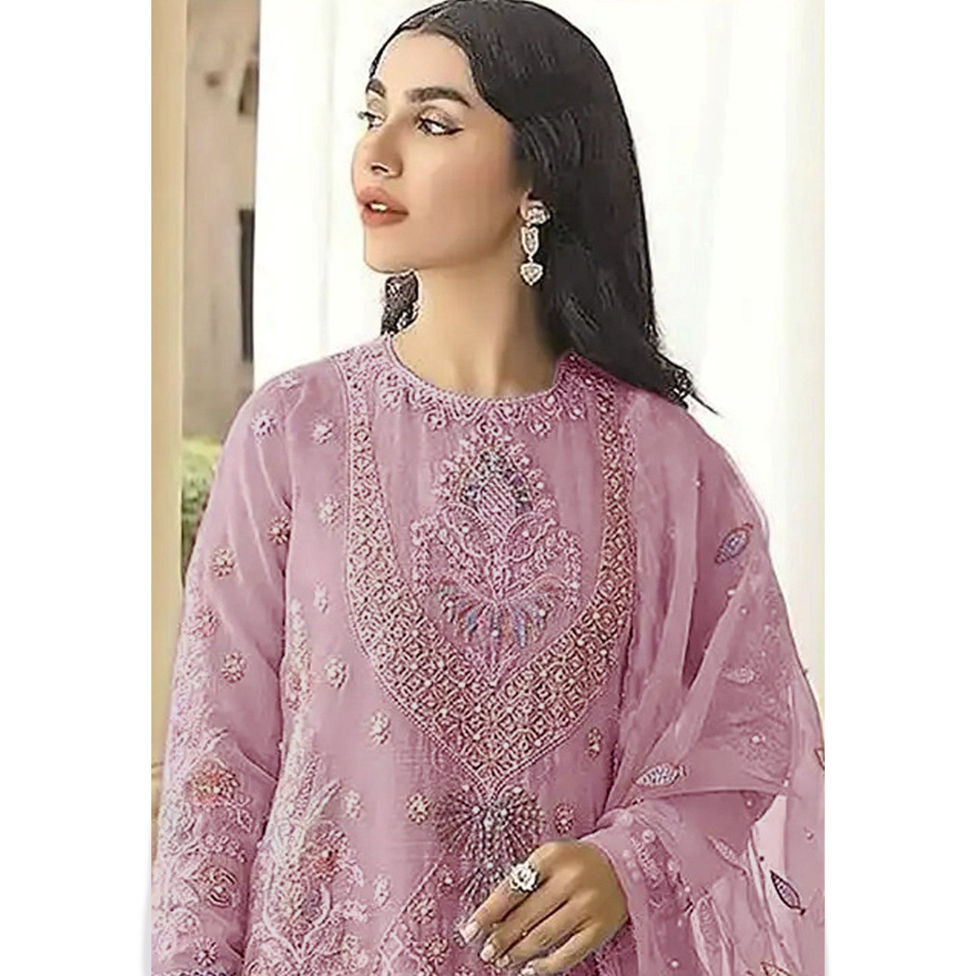 Pink Floral Embroidered Georgette Semi Stitched Pakistani Suit