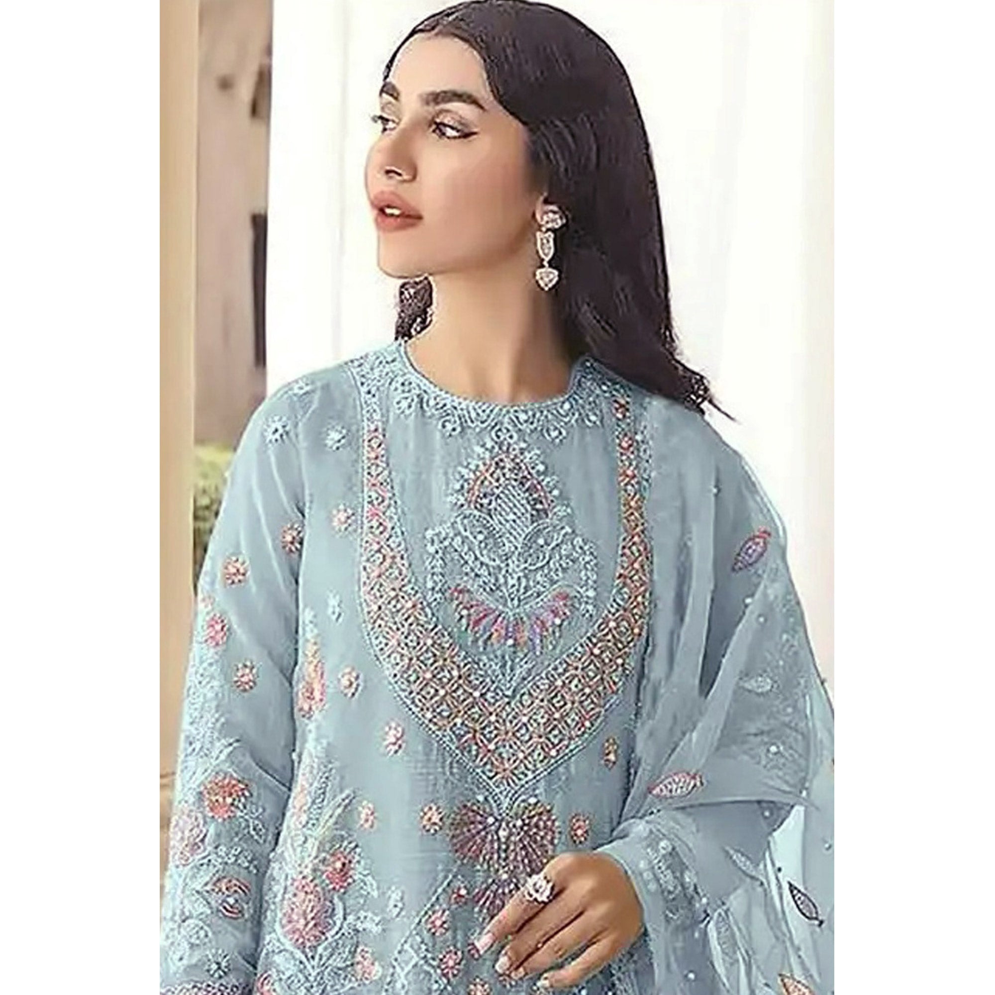 Blue Floral Embroidered Georgette Semi Stitched Pakistani Suit
