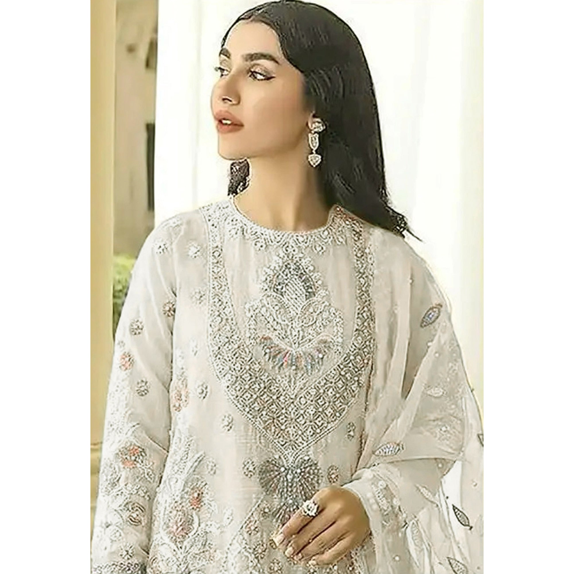 Cream Floral Embroidered Georgette Semi Stitched Pakistani Suit
