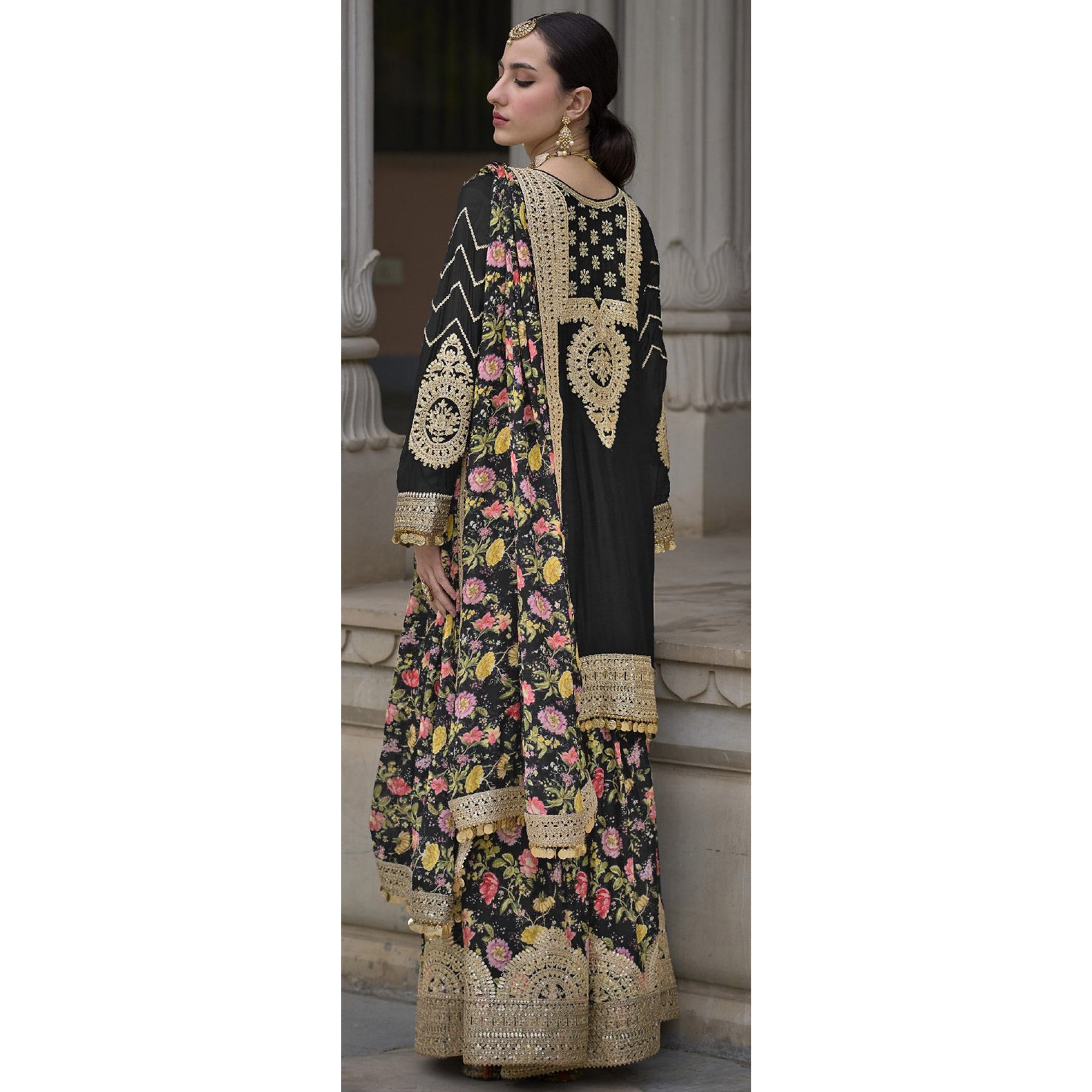 Black Floral Sequins Embroidered Chinon Salwar Suit