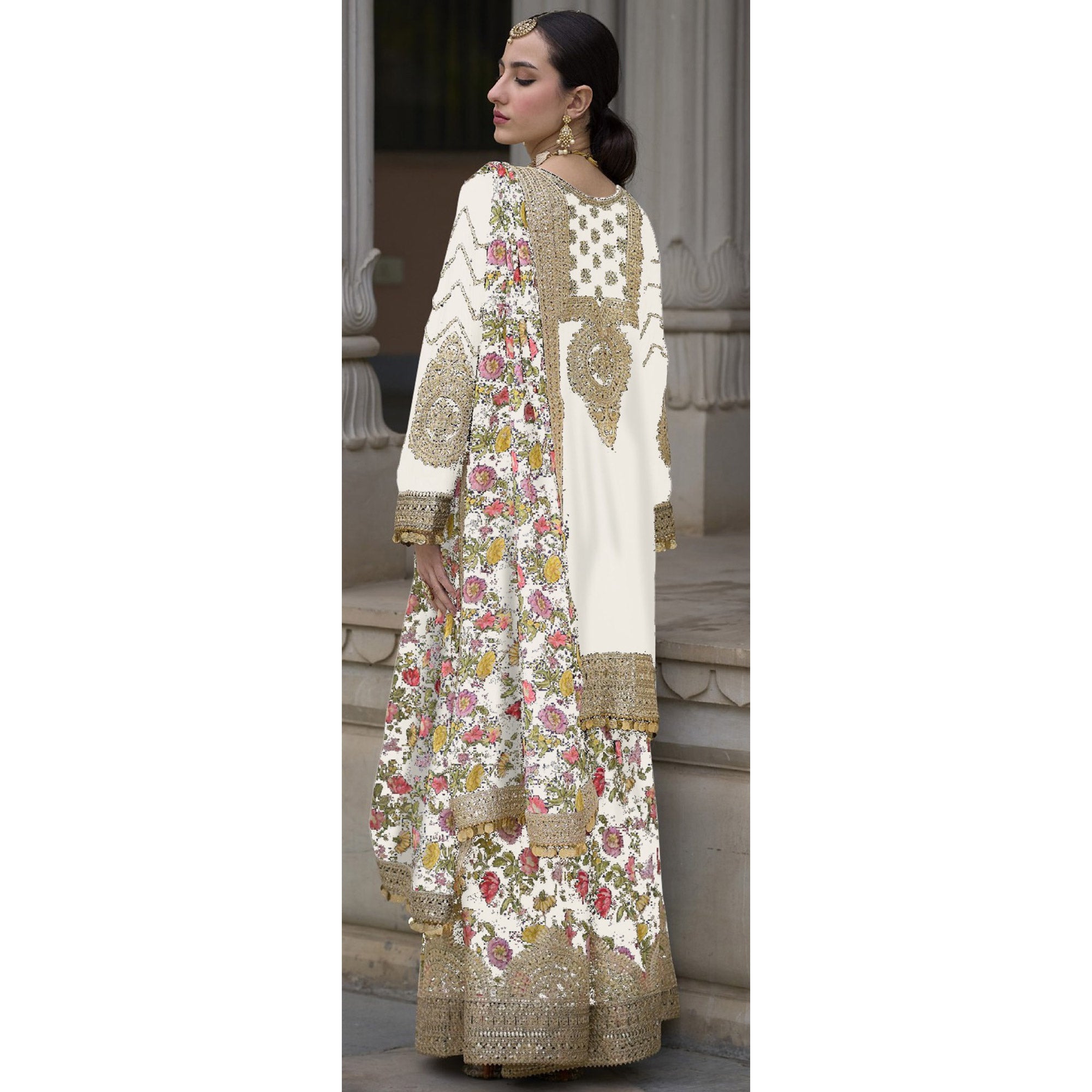 White Floral Sequins Embroidered Chinon Salwar Suit