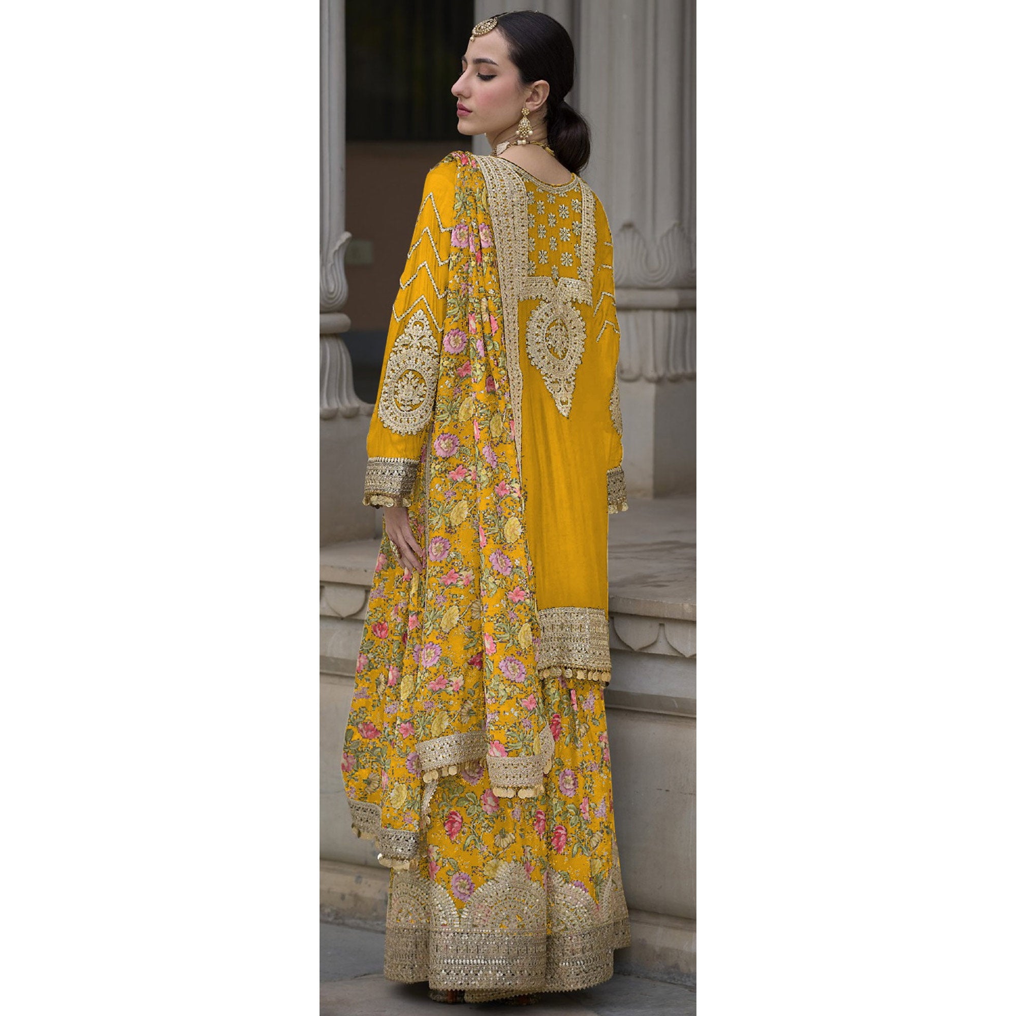 Yellow Floral Sequins Embroidered Chinon Salwar Suit