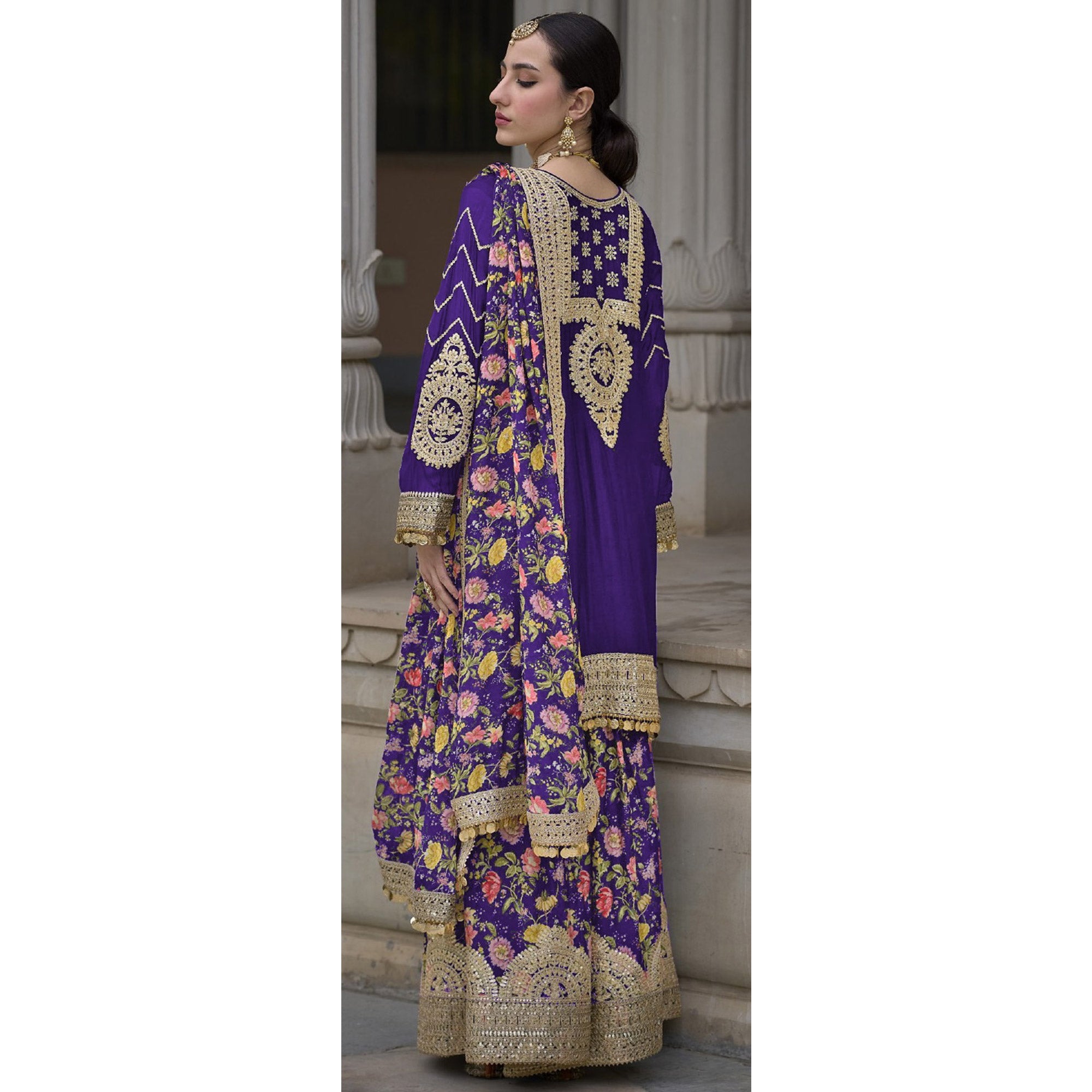 Purple Floral Sequins Embroidered Chinon Salwar Suit