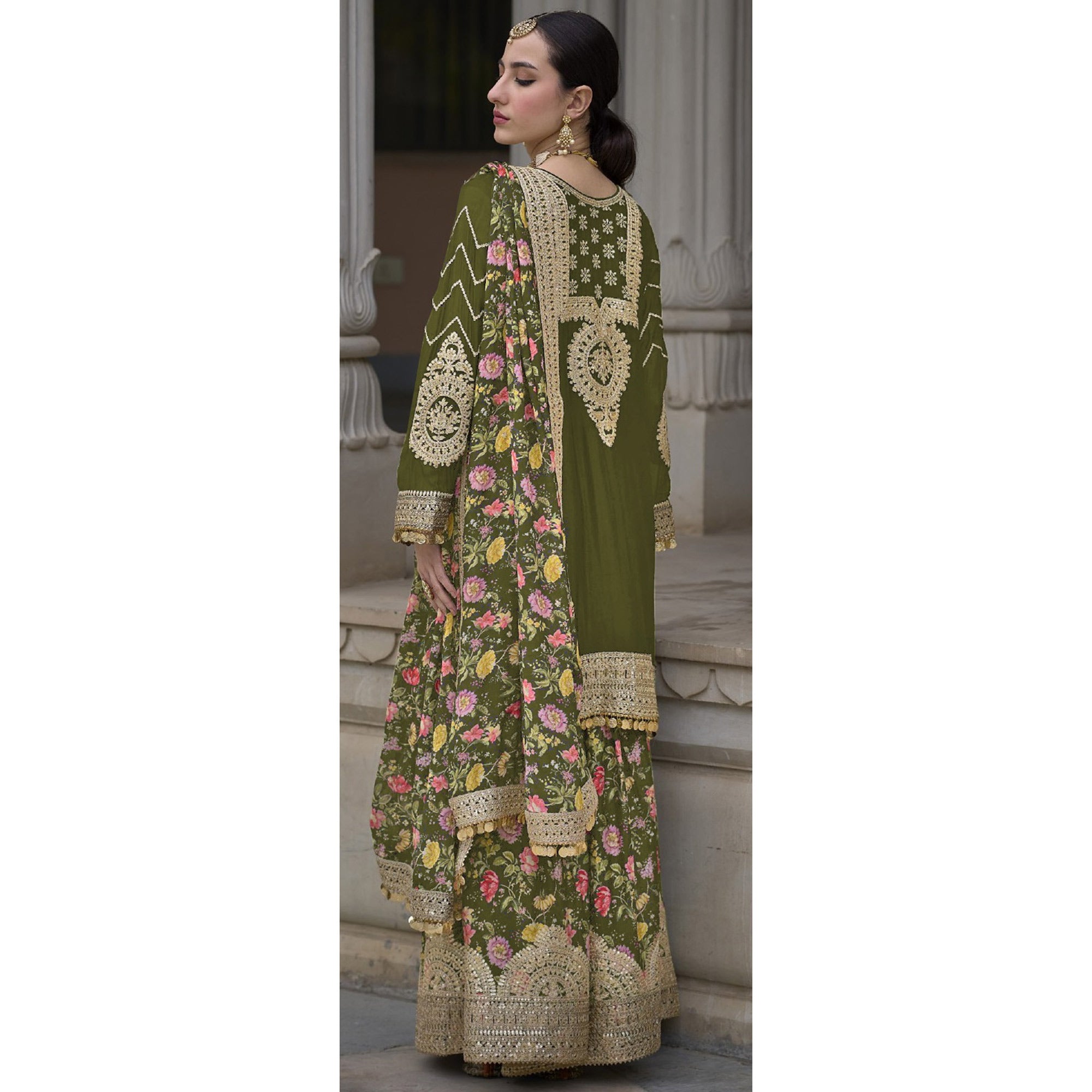 Green Floral Sequins Embroidered Chinon Salwar Suit