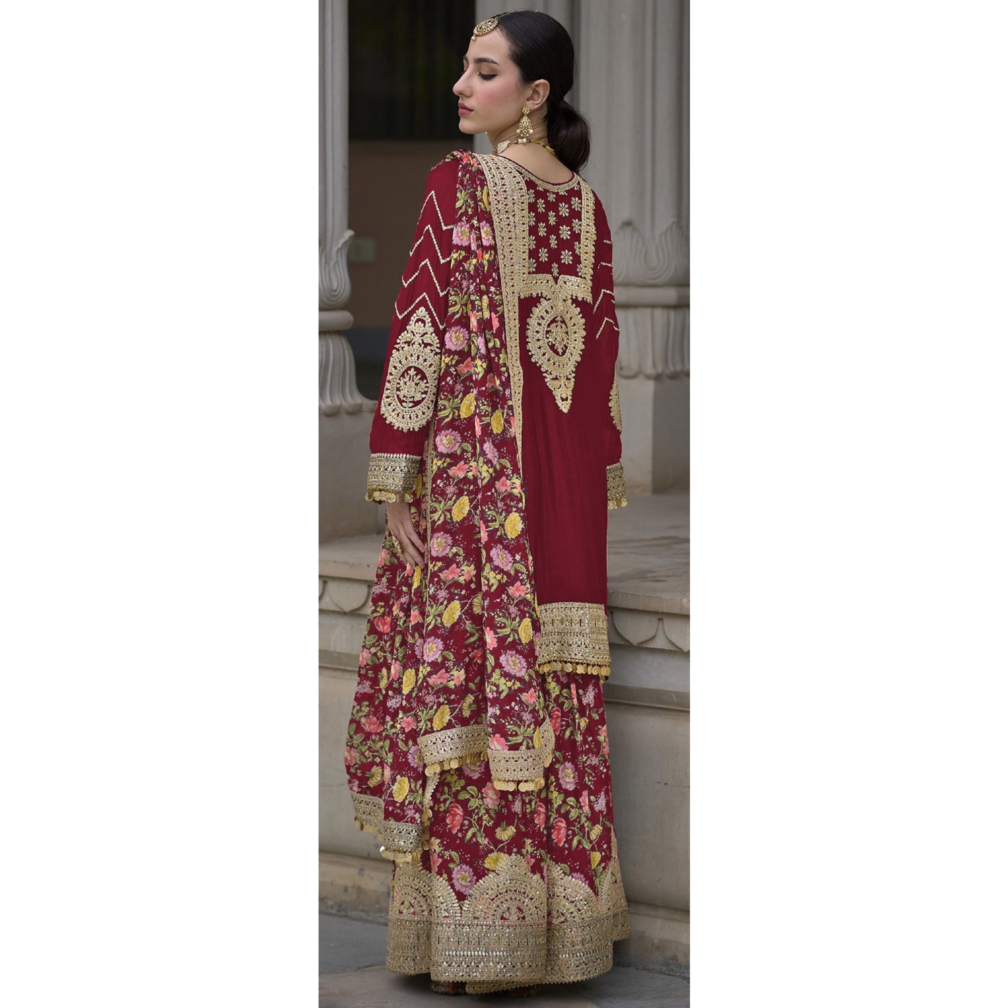 Maroon Floral Sequins Embroidered Chinon Salwar Suit