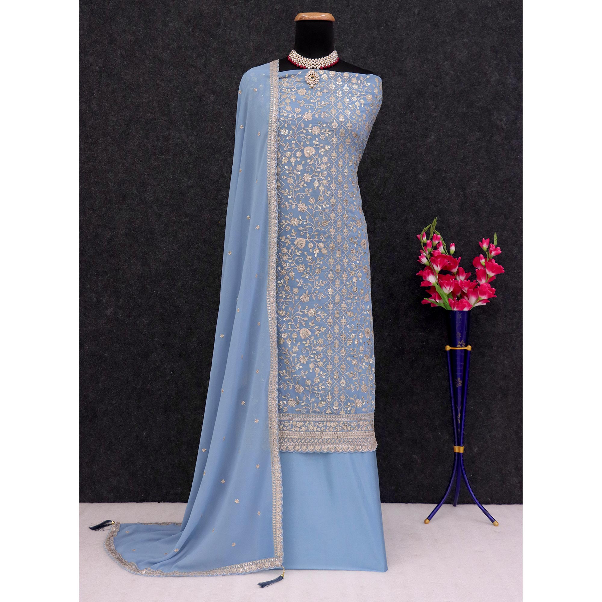 Sky Blue Floral Sequins Embroidery Georgette Semi Stitched Salwar Suit