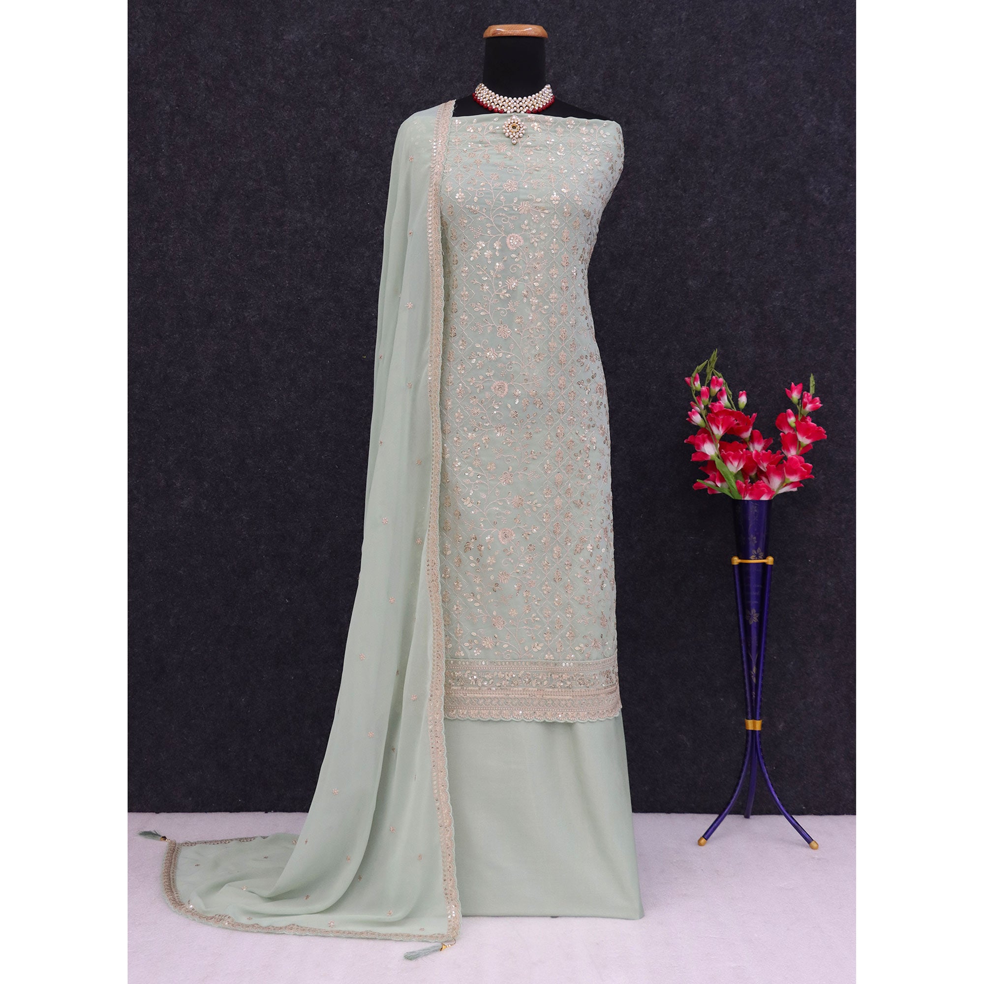 Green Floral Sequins Embroidery Georgette Semi Stitched Salwar Suit