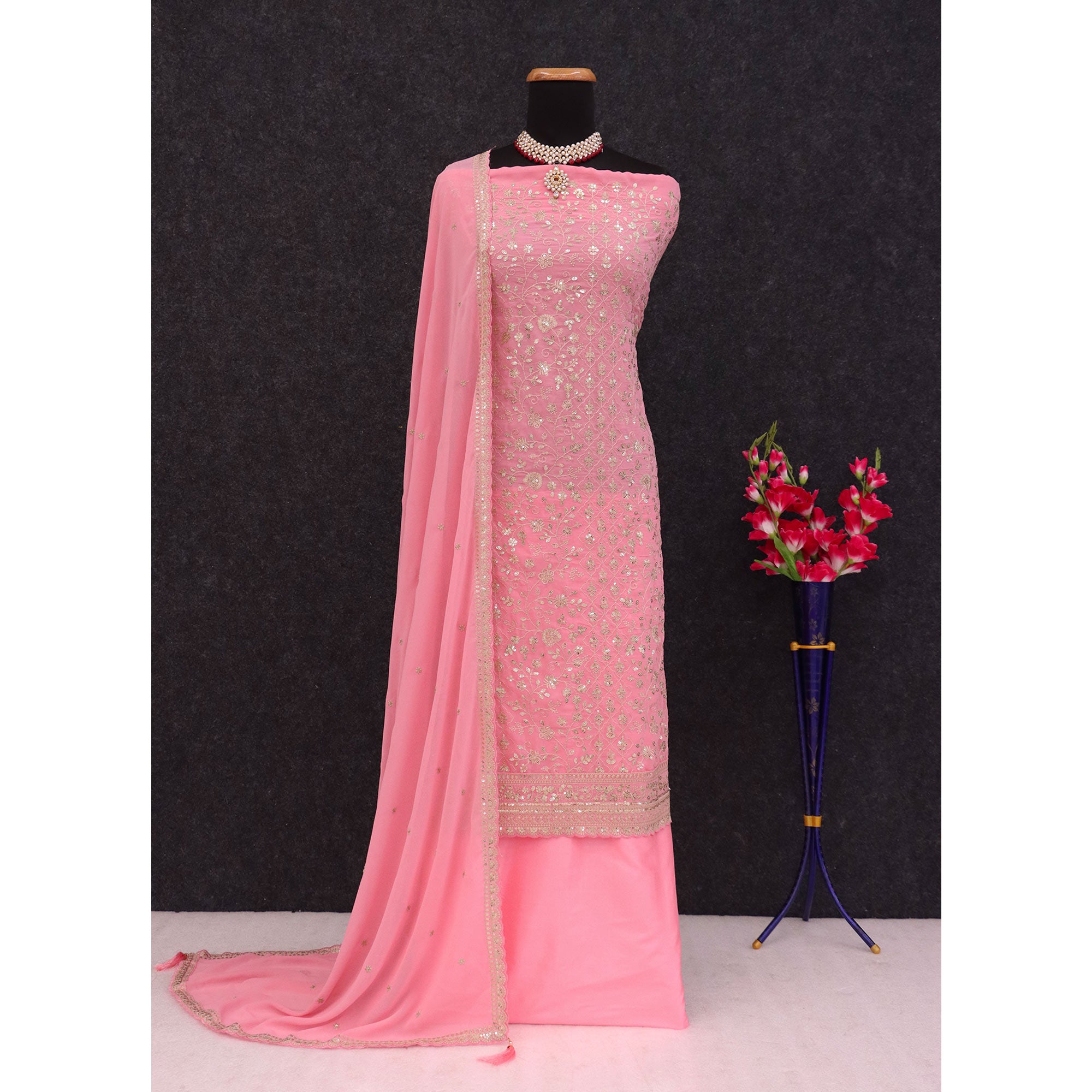 Gajari Pink Floral Sequins Embroidery Georgette Semi Stitched Salwar Suit