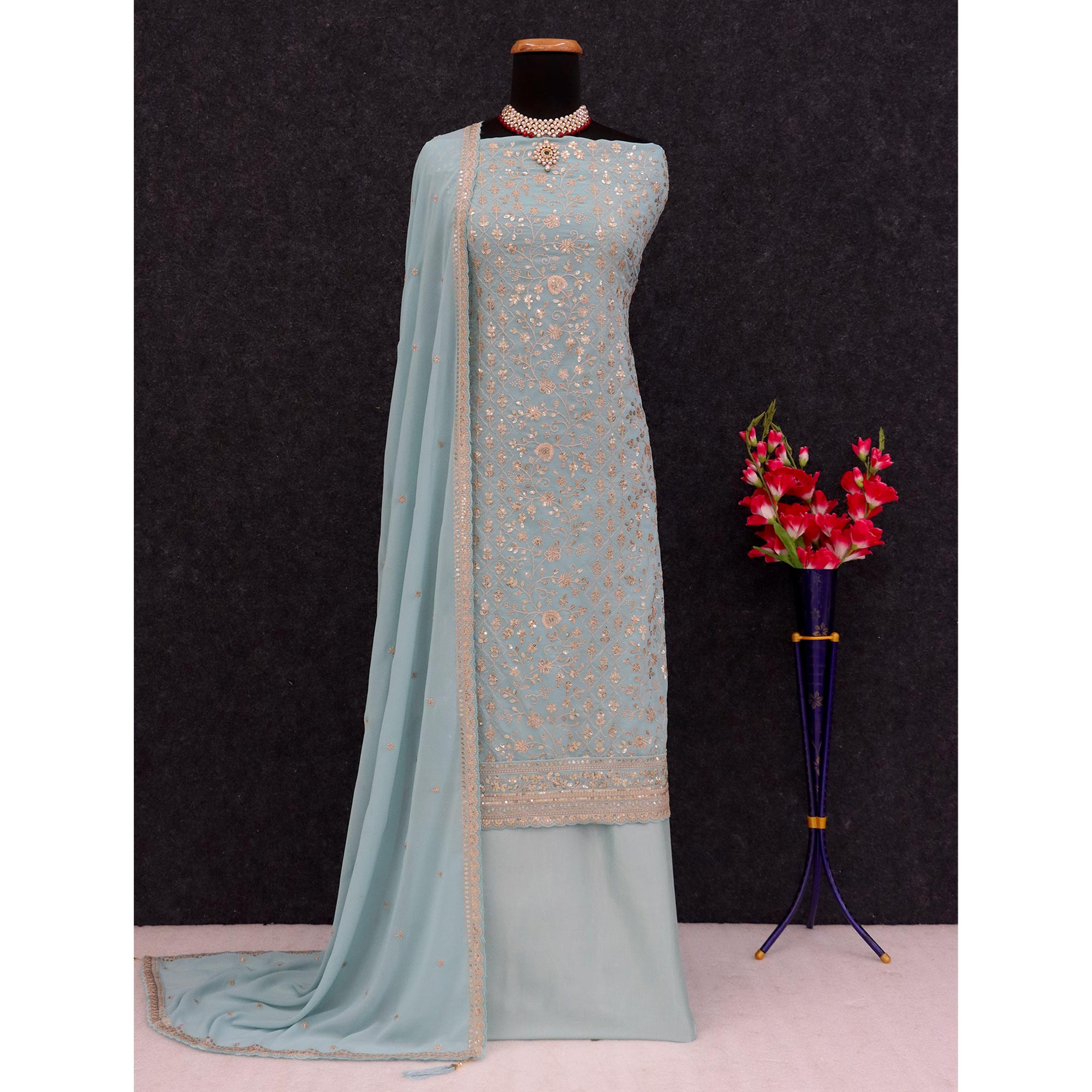 Blue Floral Sequins Embroidery Georgette Semi Stitched Salwar Suit