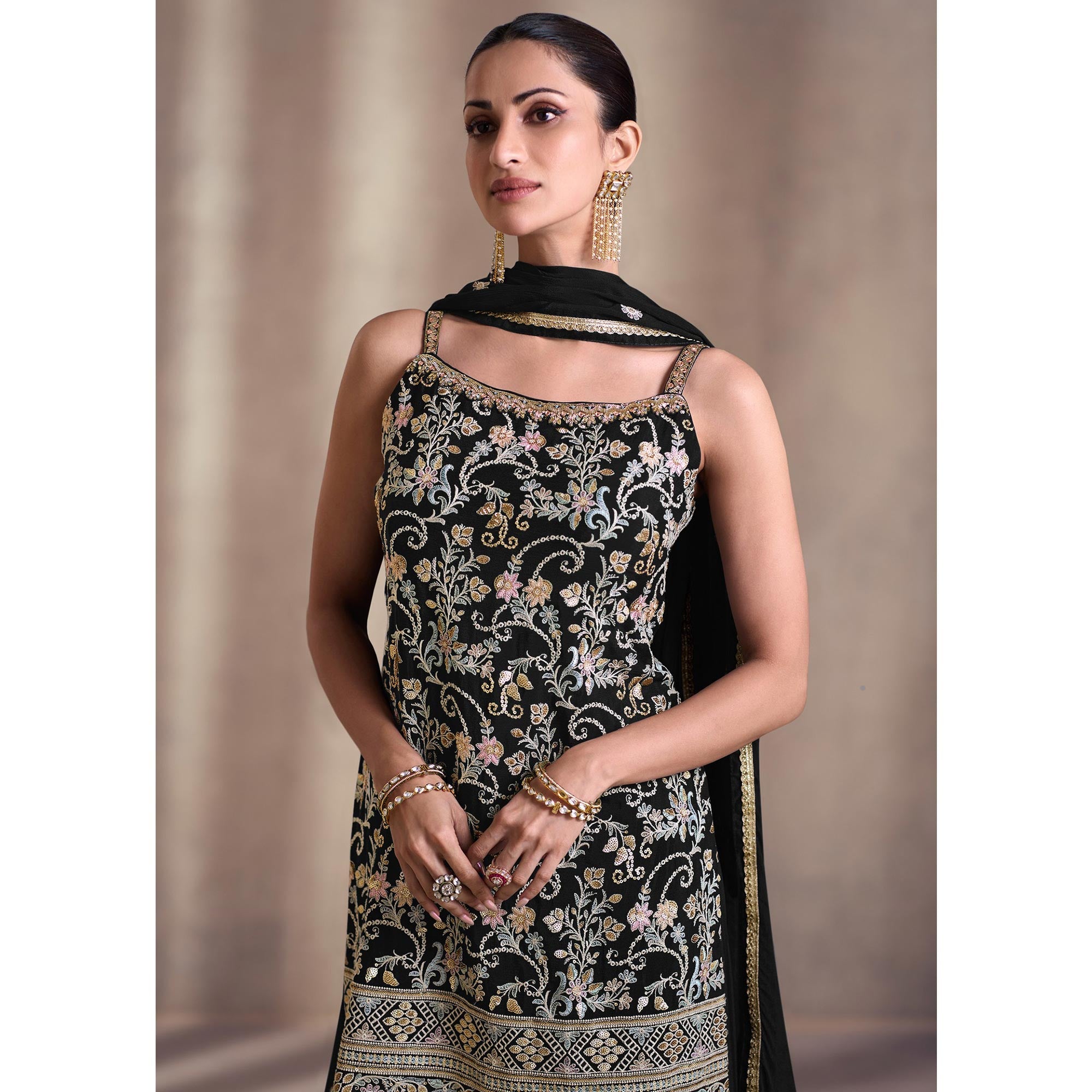 Black Embroidered Georgette Semi Stitched Dress Material