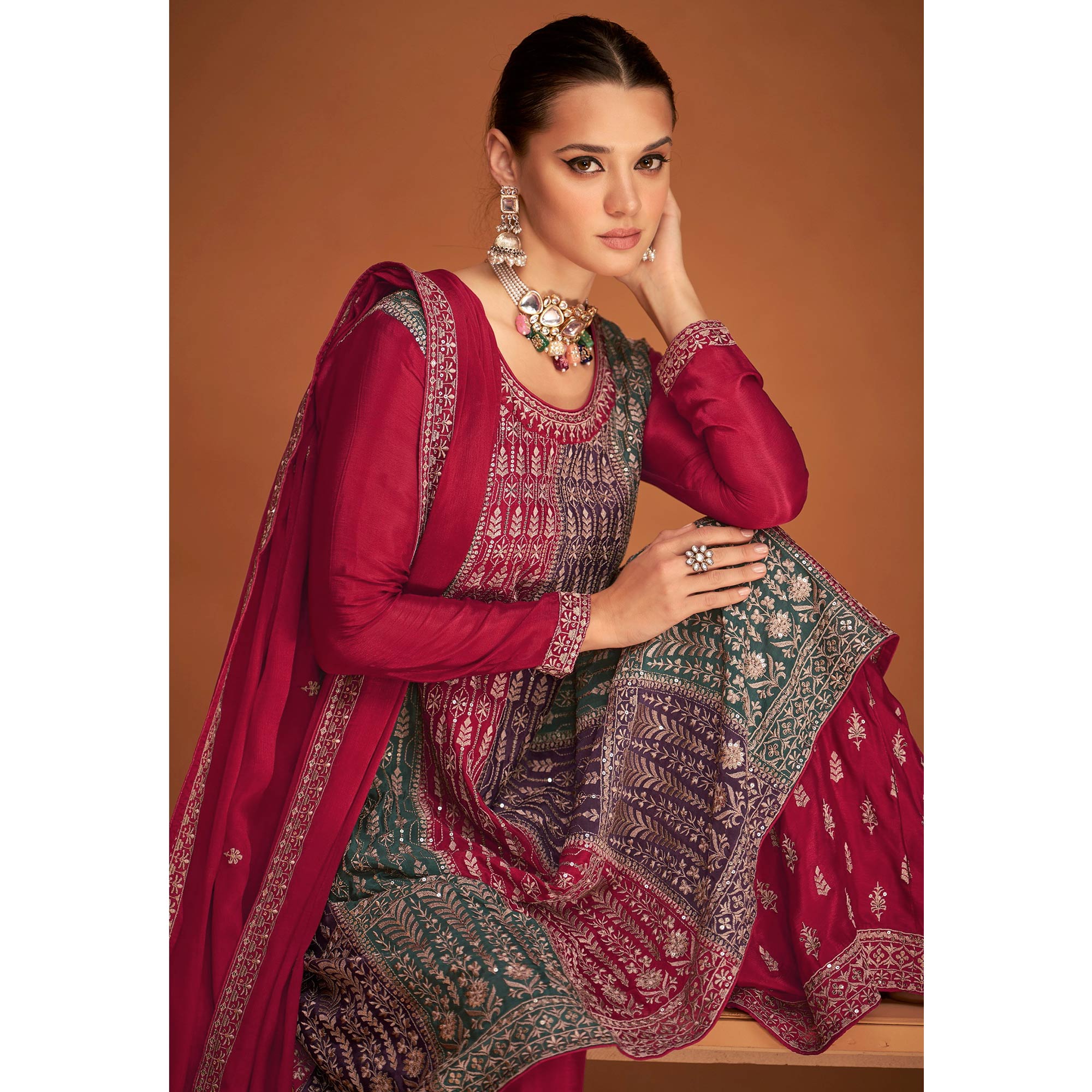 Rani Pink Floral Sequins Embroidered Georgette Sharara Suit