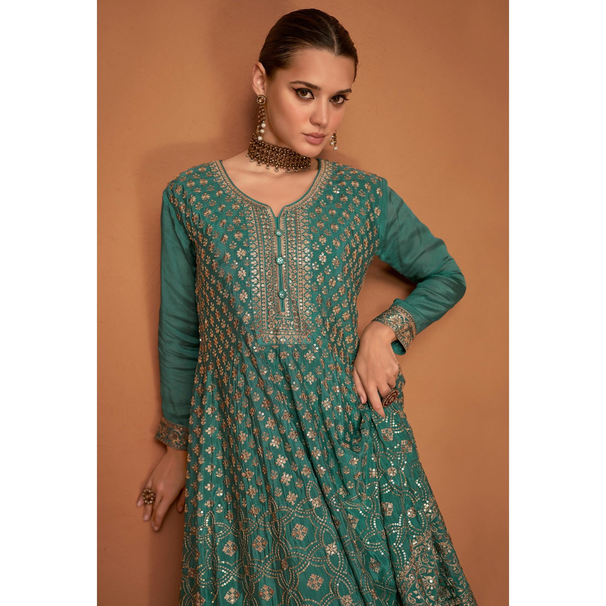 Teal Floral Sequins Embroidered Georgette Sharara Suit