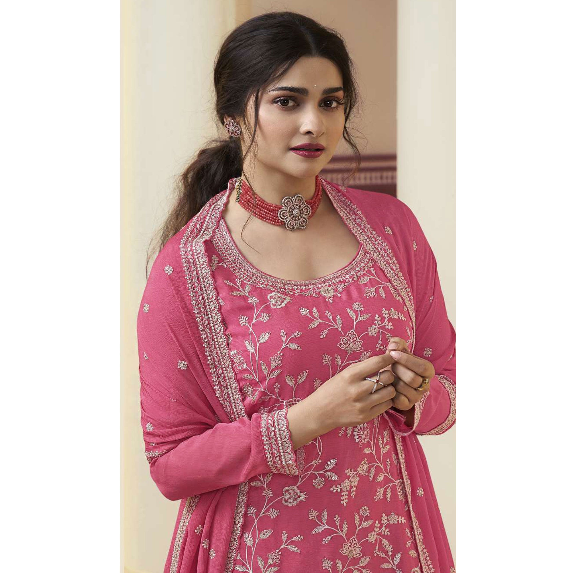 Pink Floral Embroidered Chinon Sharara Salwar Suit