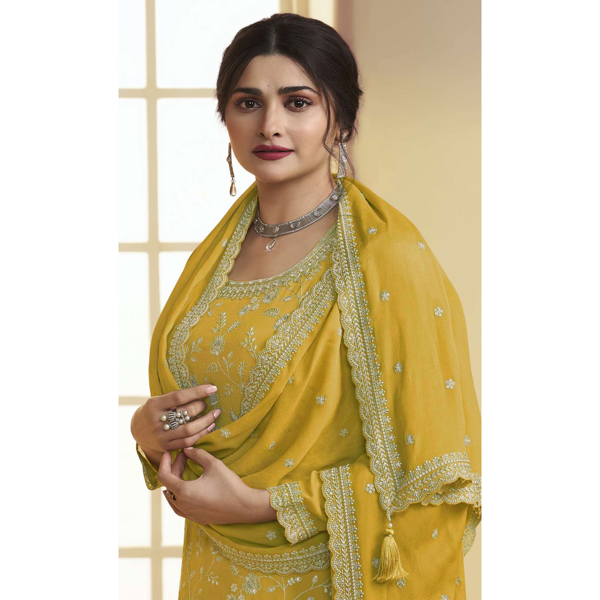 Mustard Floral Embroidered Chinon Semi Stitched Sharara Suit