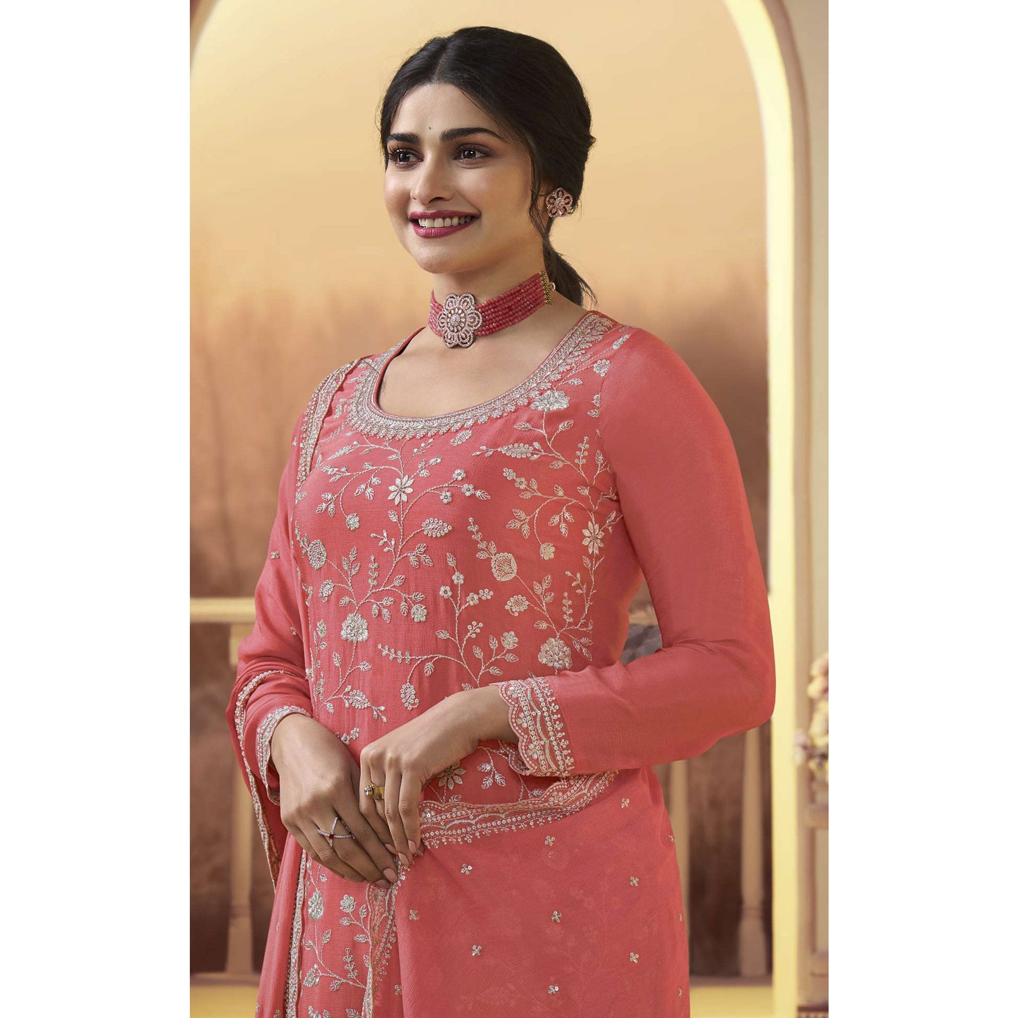 Peach Floral Embroidered Chinon Semi Stitched Sharara Suit