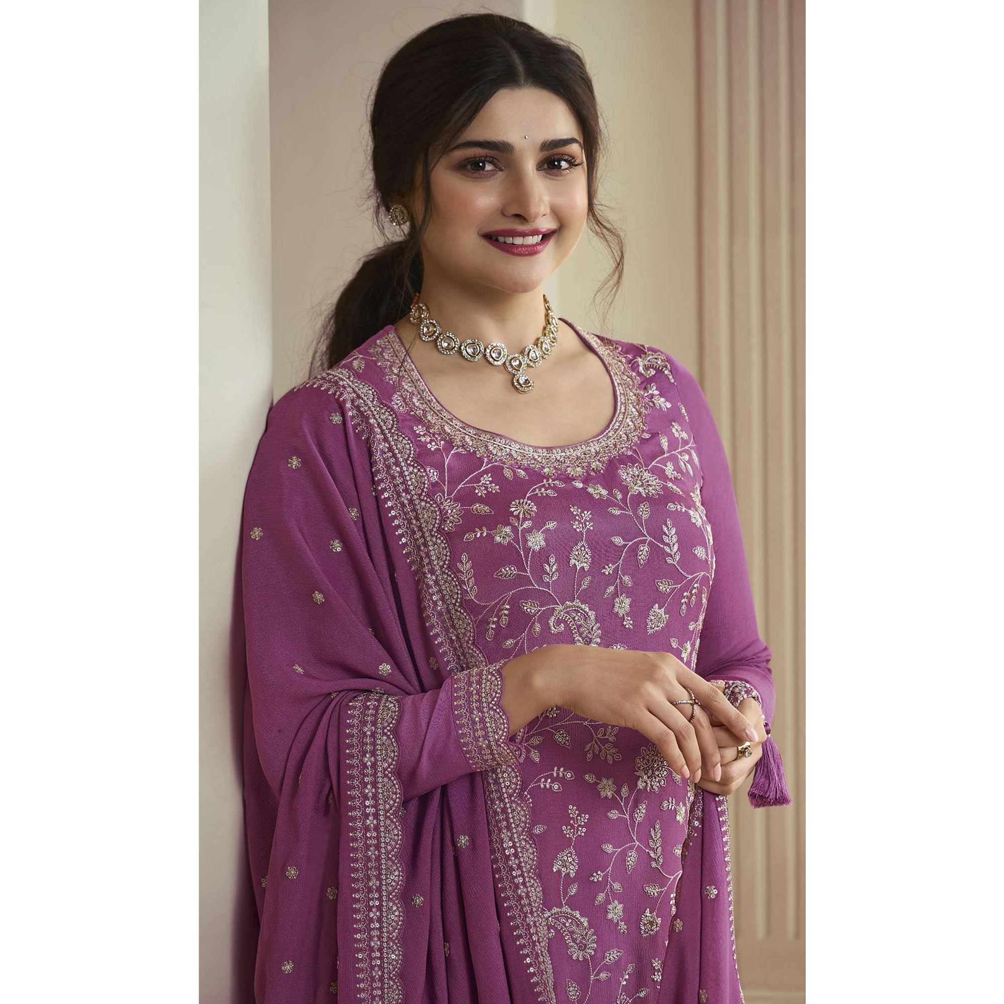 Purple Floral Embroidered Chinon Semi Stitched Sharara Suit