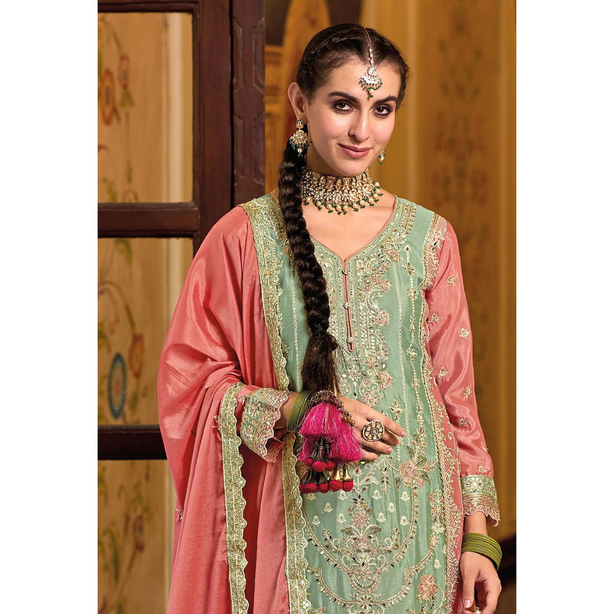 Green Floral Embroidered Chinon Palazzo Suit