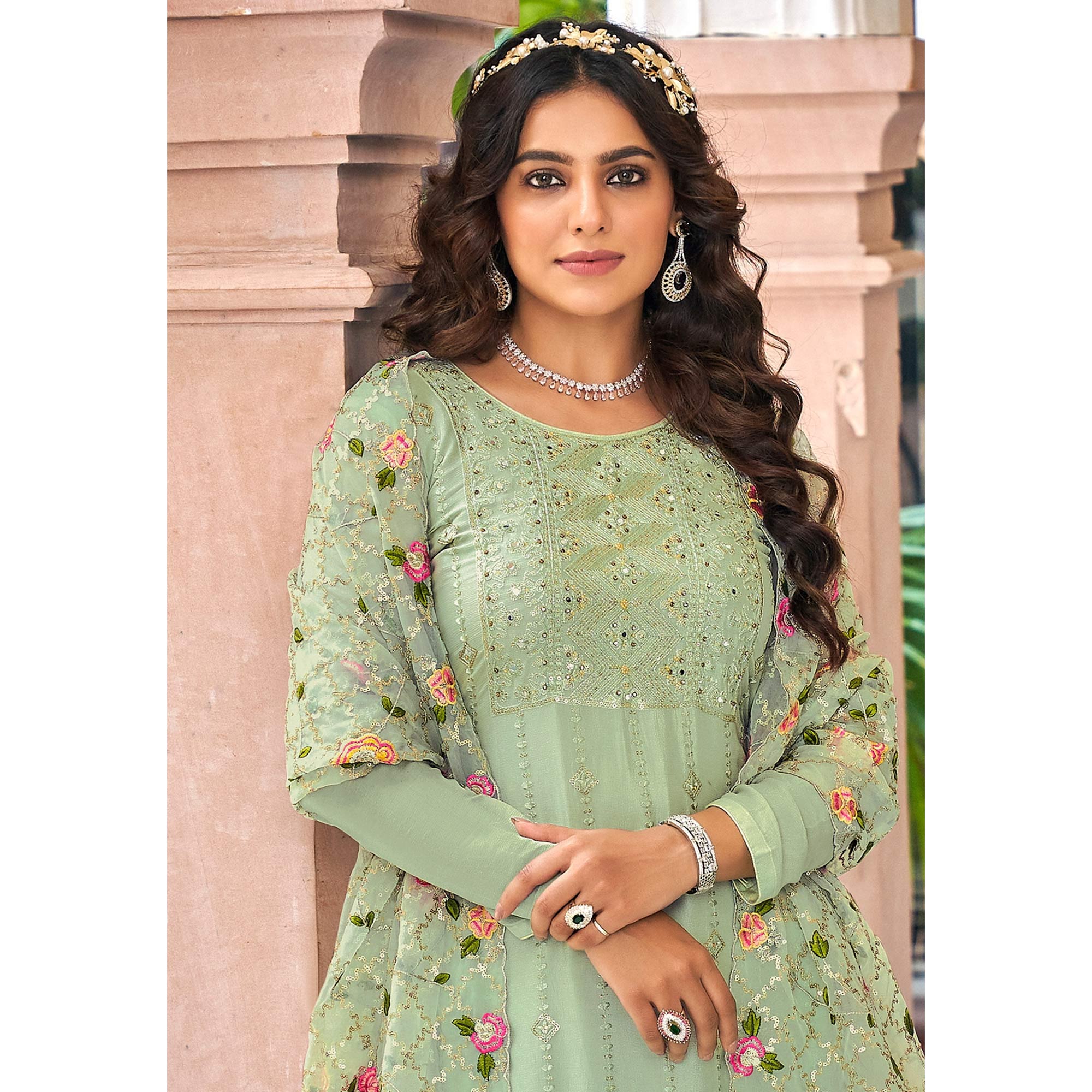 Green Floral Sequins Embroidered Georgette Semi Stitched Salwar Suit