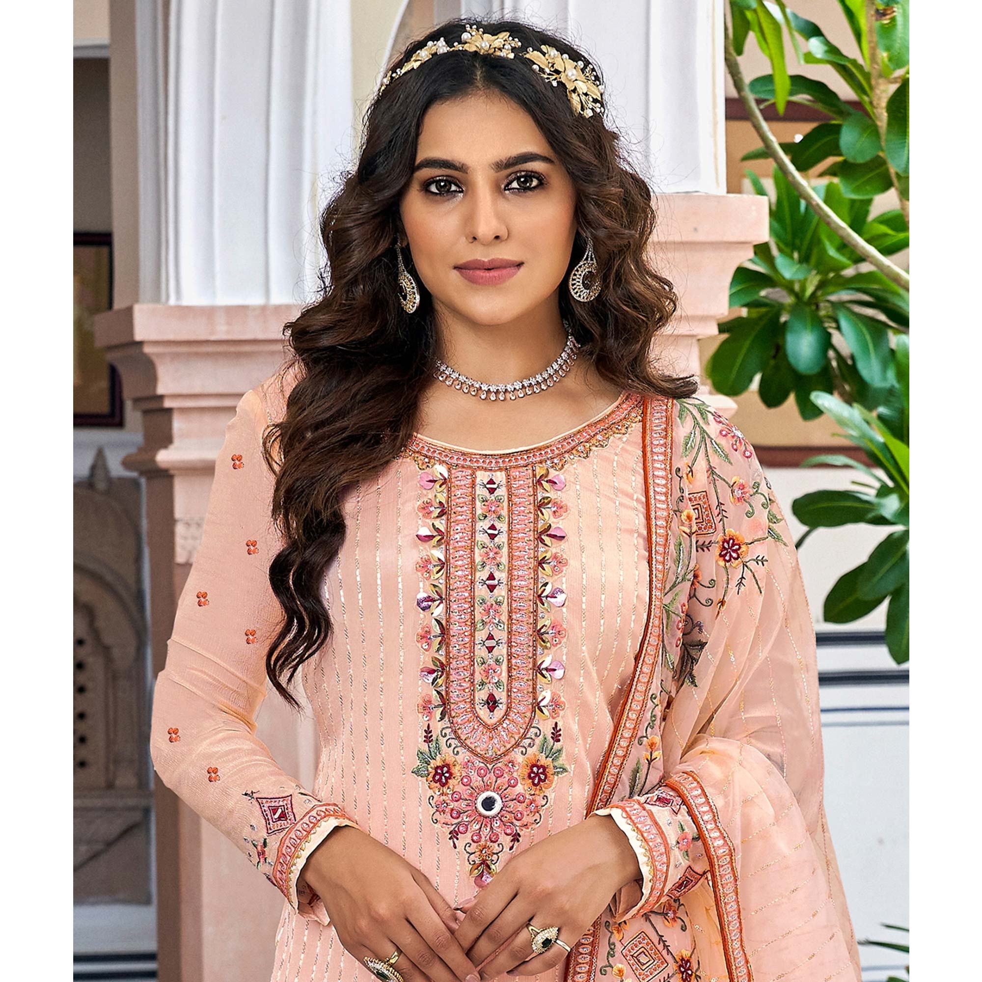 Peach Floral Sequins Embroidered Georgette Semi Stitched Salwar Suit
