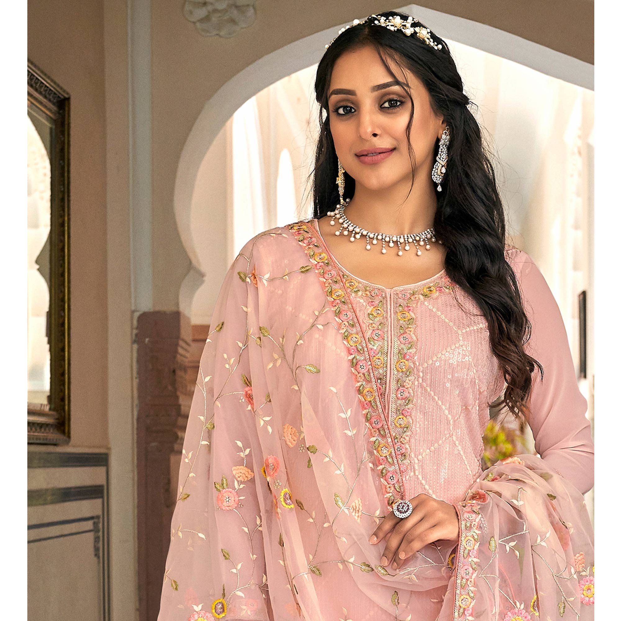Pink Floral Sequins Embroidered Georgette Semi Stitched Salwar Suit