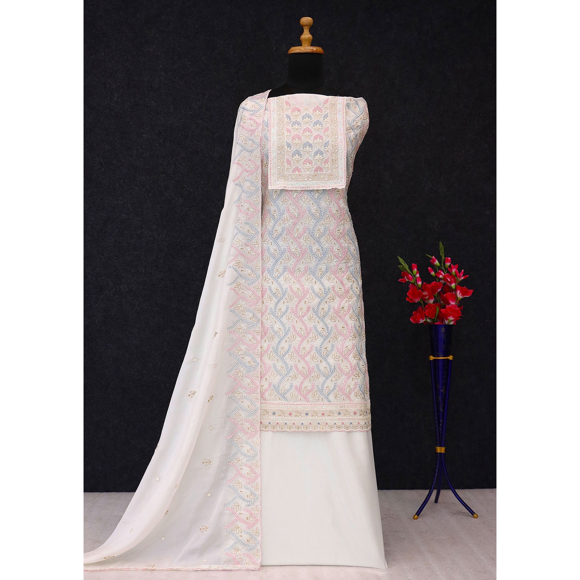 Offwhite Floral Sequins Embroidered Chinon Semi Stitched Suit