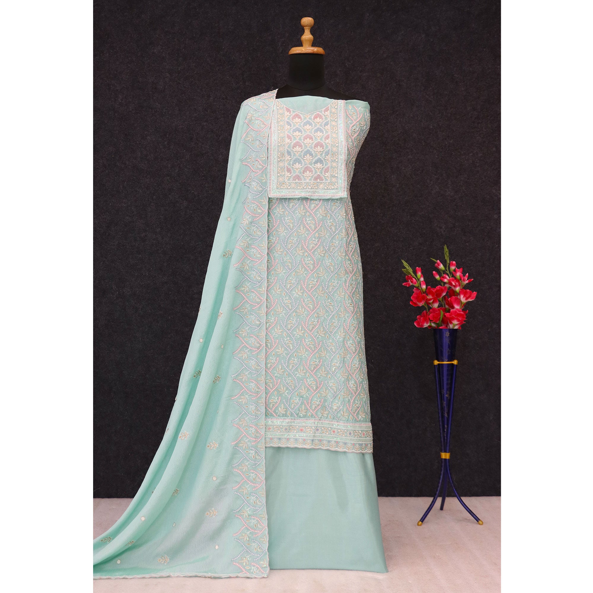 Turquoise Floral Sequins Embroidered Chinon Semi Stitched Suit