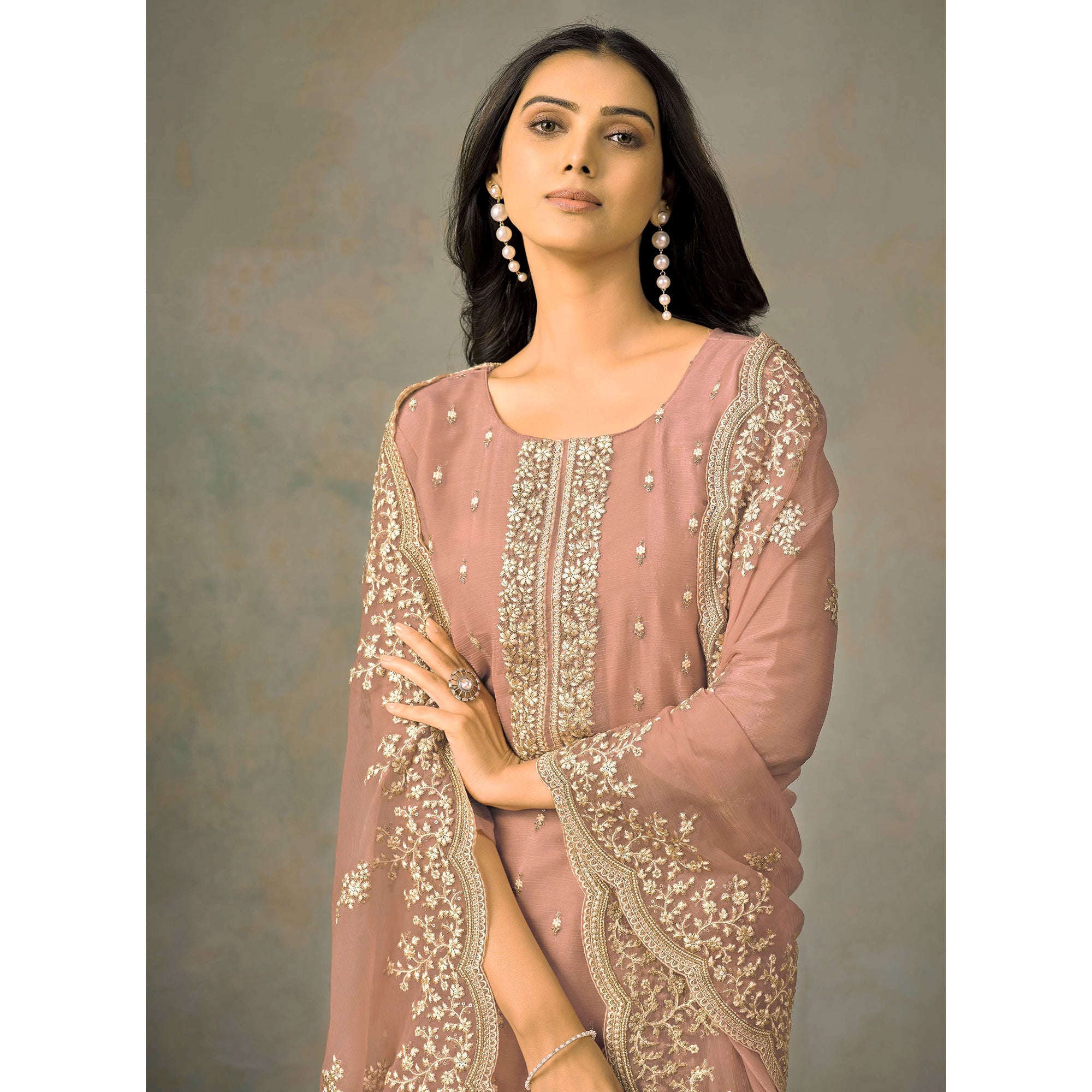 Peach Floral Sequins Embroidered Organza Semi Stitched Salwar Suit