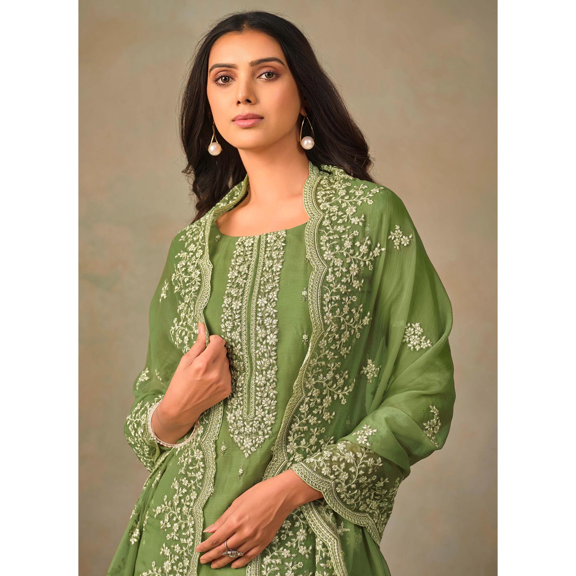 Green Floral Sequins Embroidered Organza Semi Stitched Salwar Suit